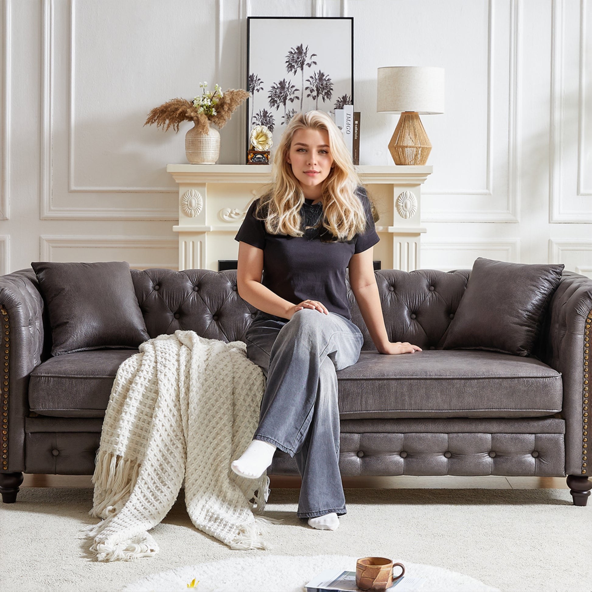 Fx 85.5"Living Room With Tech Fabric Chesterfield Sofa With Rolled Arms 3 Seater Sofa With Button Design And 2 Cushions For Apartment, Office, Living Room Grey Wood Primary Living Space Pine Foam Fabric 3 Seat