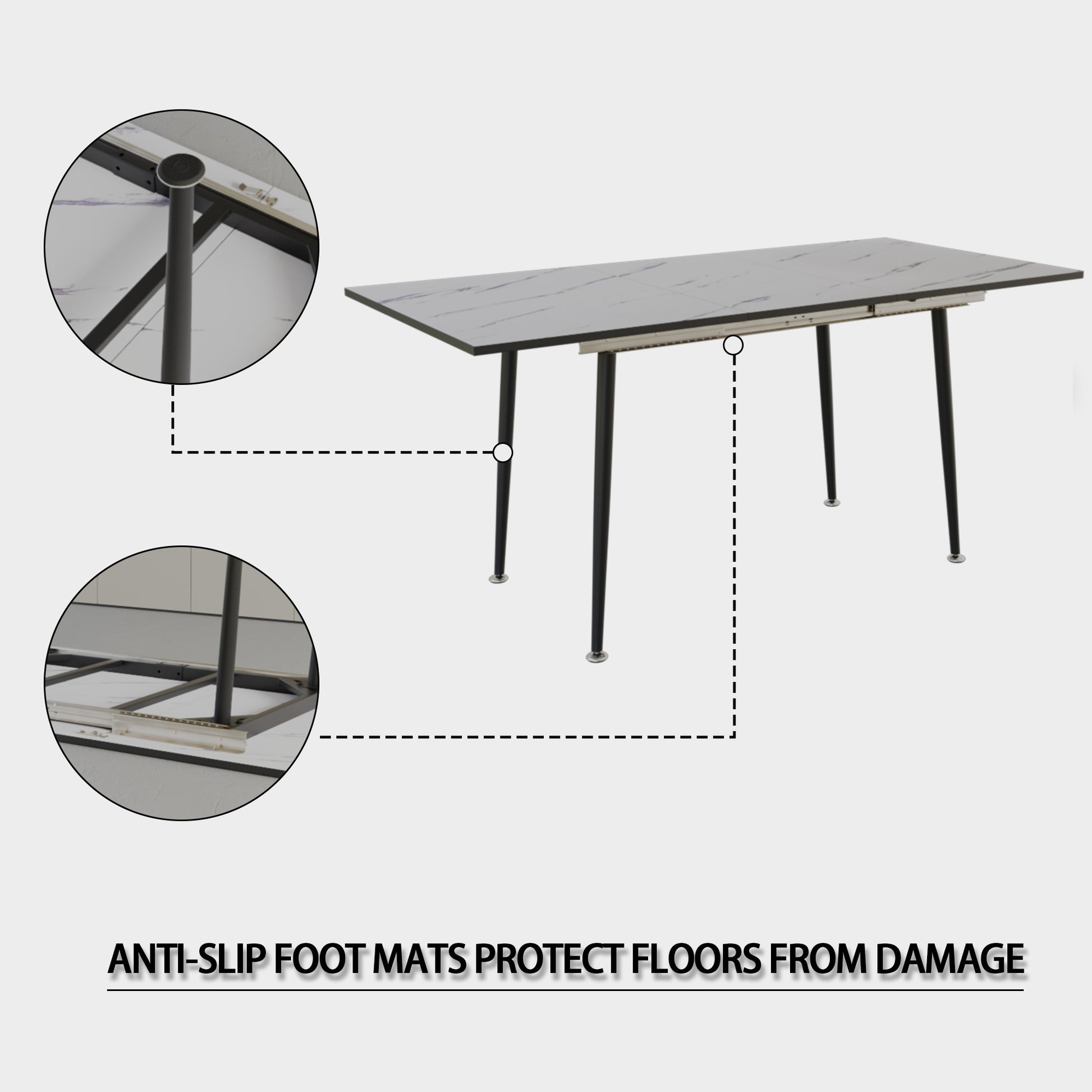 63" Mdf Square White Marble Pattern Stretchable Dining Table, Modern Industrial Kitchen And Dining Table, Equipped With Tapered Black Metal Legs White Mdf