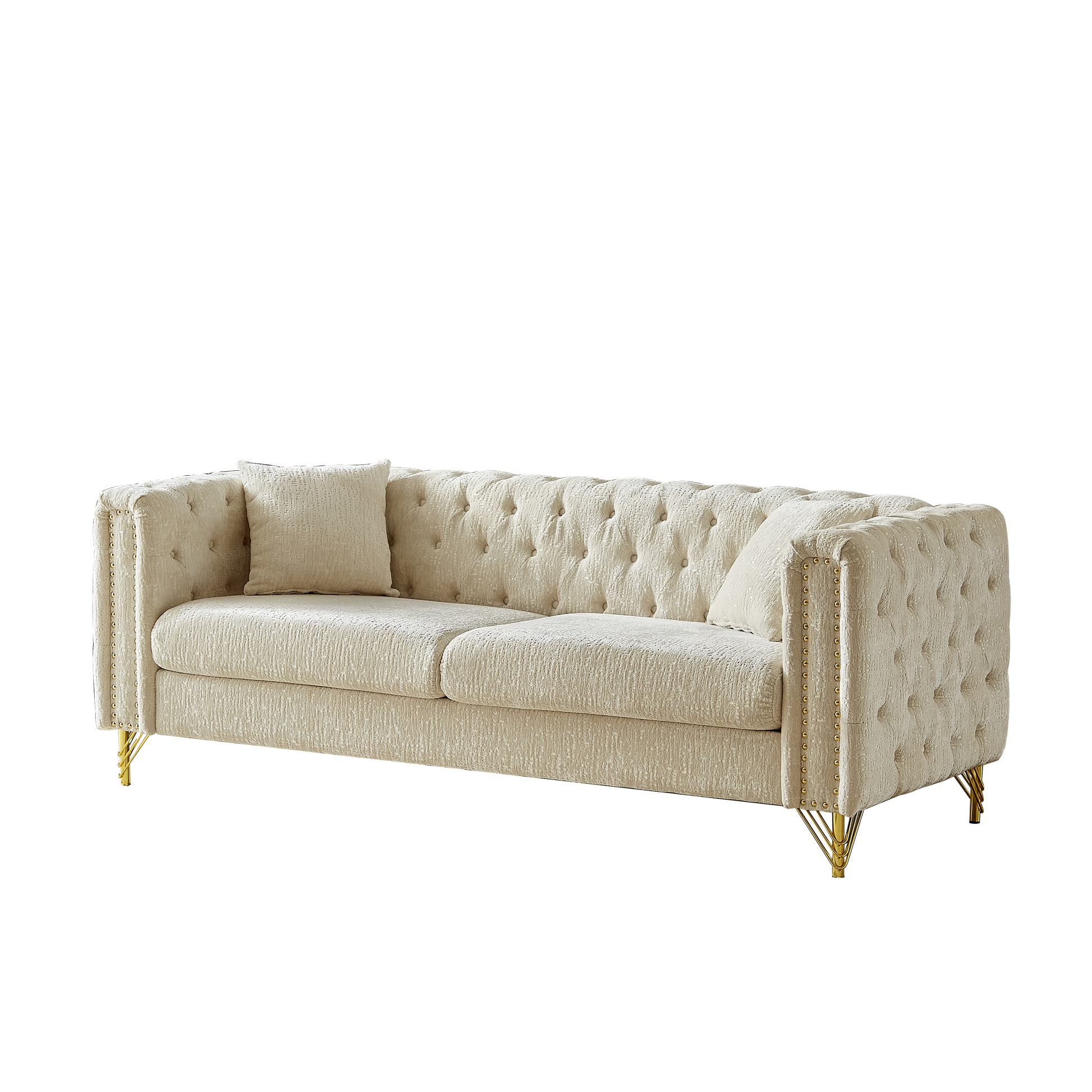 82 Inch Chenille Pull Buckle Design Sofa For Living Room,Buttons Tufted With Copper Nail Decoration Armrest, Modern Couch Upholstered Button And Metal Legs Beige Foam Chenille 3 Seat