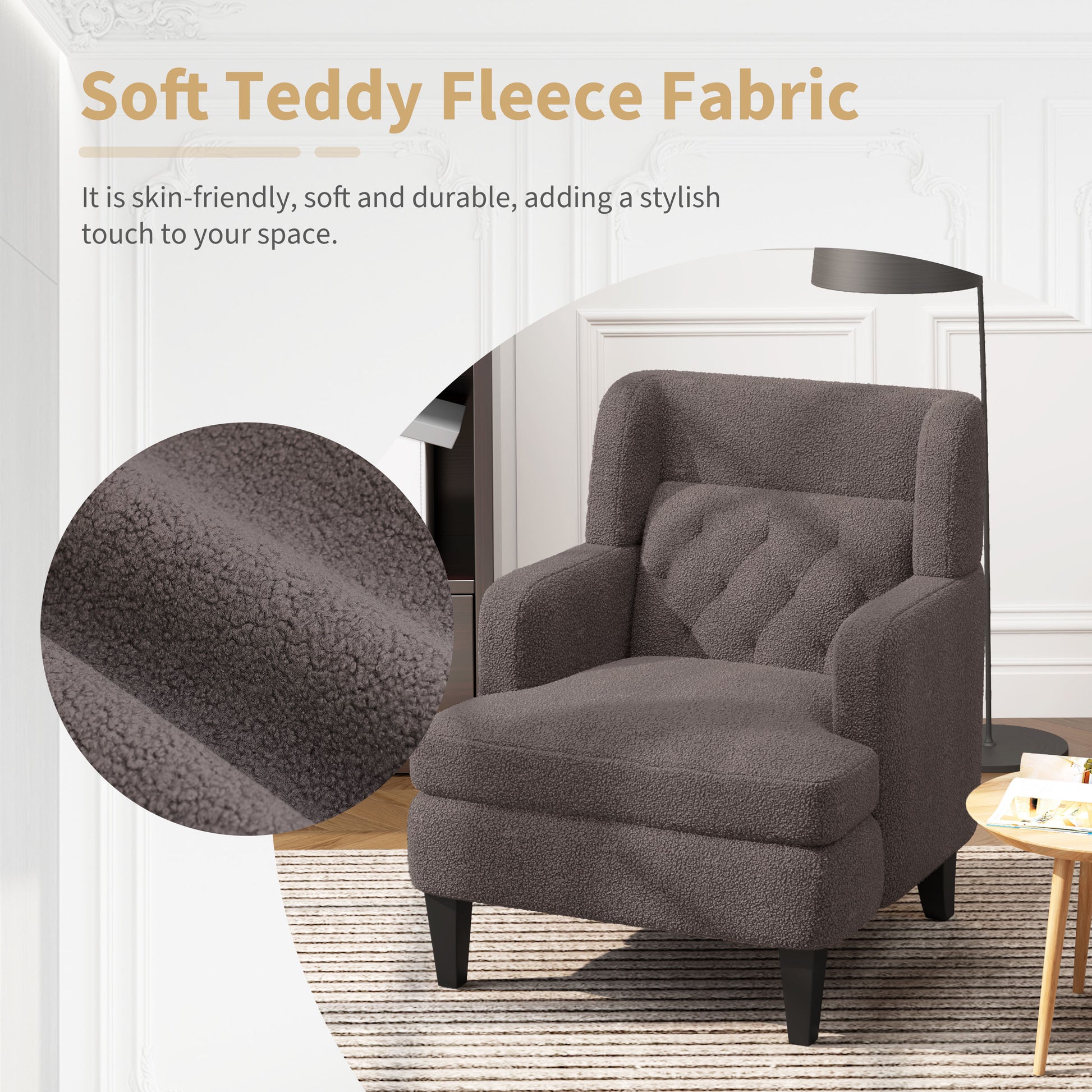 Upholstered Accent Chair Tufted Armchair For Living Room And Bedroom, Russet Brown Brown Birch Foam Teddy