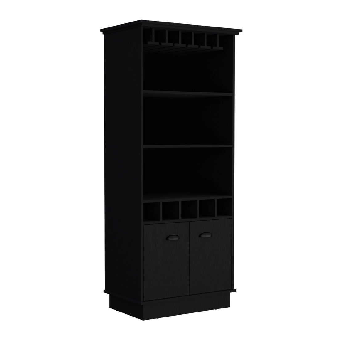 Dundee 70 Inch High 10 Glass Bar Cabinet With 5 Cubbies And 3 Open Shelves And Cabinet Black Primary Living Space Modern Shelves Included Particle Board