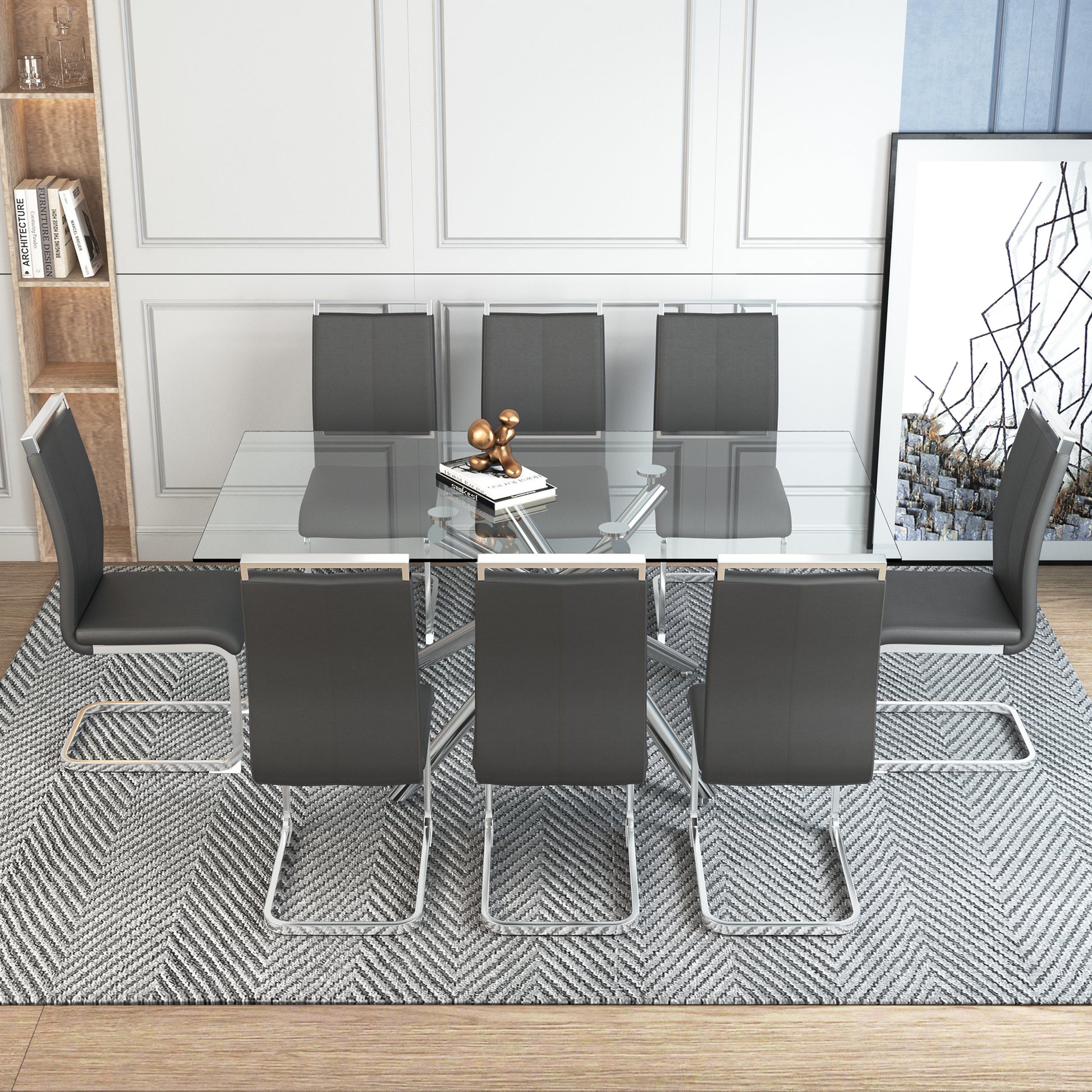 Table And Chair Set.Modern Luxurious Transparent Tempered Glass Dining Table Set.Paried With 8 Dark Gray Chairs With Pu Cushion And Silver C Tube Metal Legs. Dark Gray,Transparent Seats 8 Glass