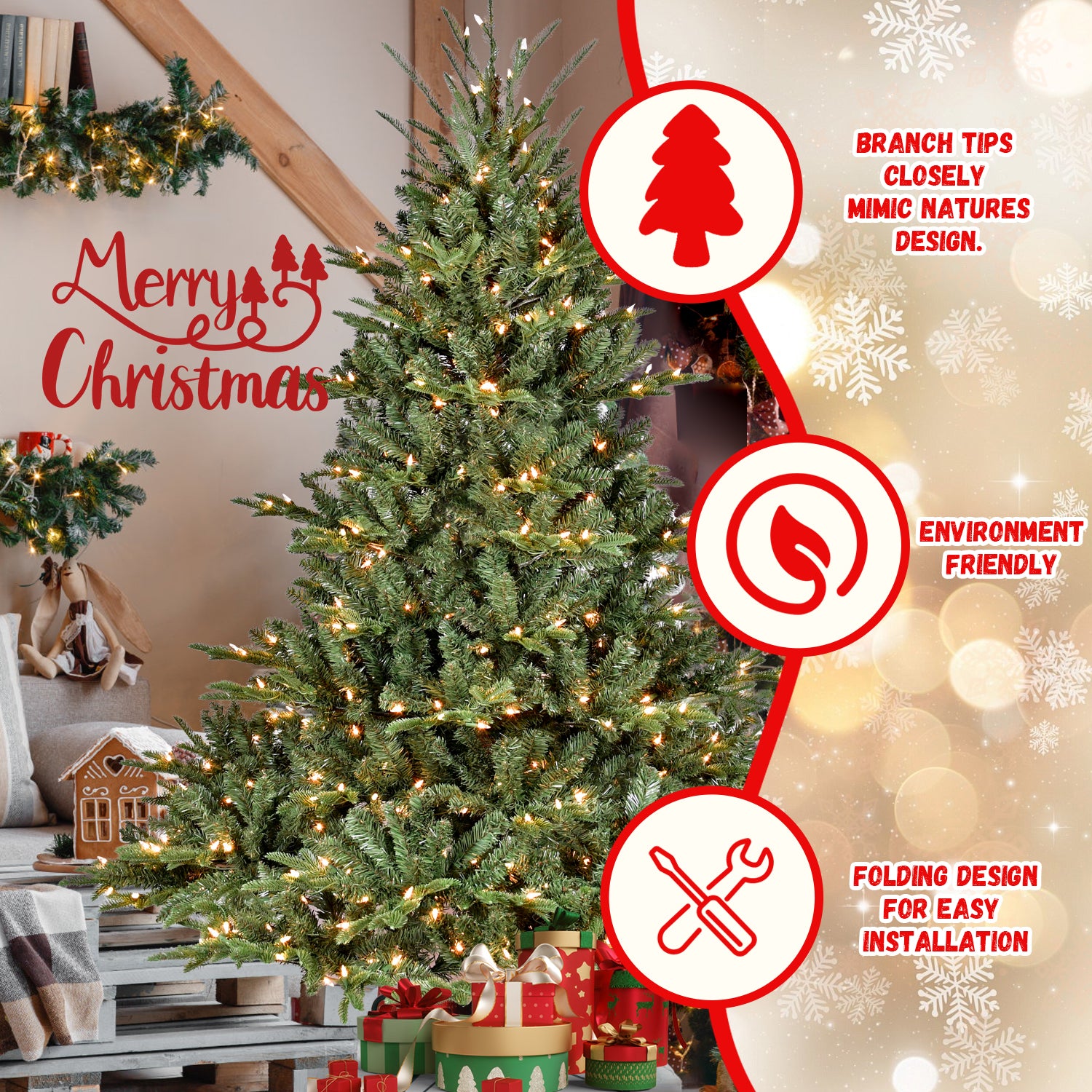 7.5Ft Christmas Tree Simulate Nature Advanced Materials Premium Hinged Spruce Artificial Douglas Firs Tree, Christmas Holiday Party Atmosphere Decoration Year Celebration Pe Pvc Xmas Tree Green