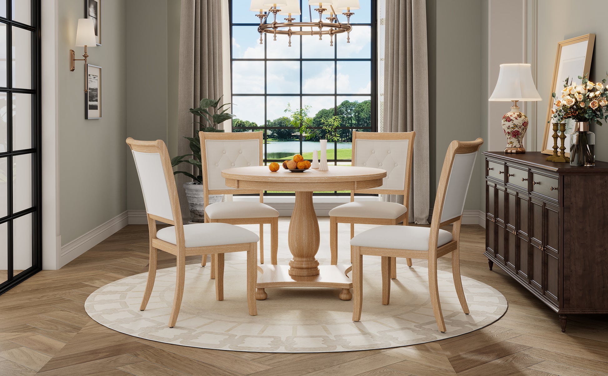 5 Piece Retro Dining Set, Round Table With Pedestal Table Base And 4 Upholstered Chairs For Dining Room And Kitchen Natural Wood Wash Natural Wood Wash Solid Wood Mdf