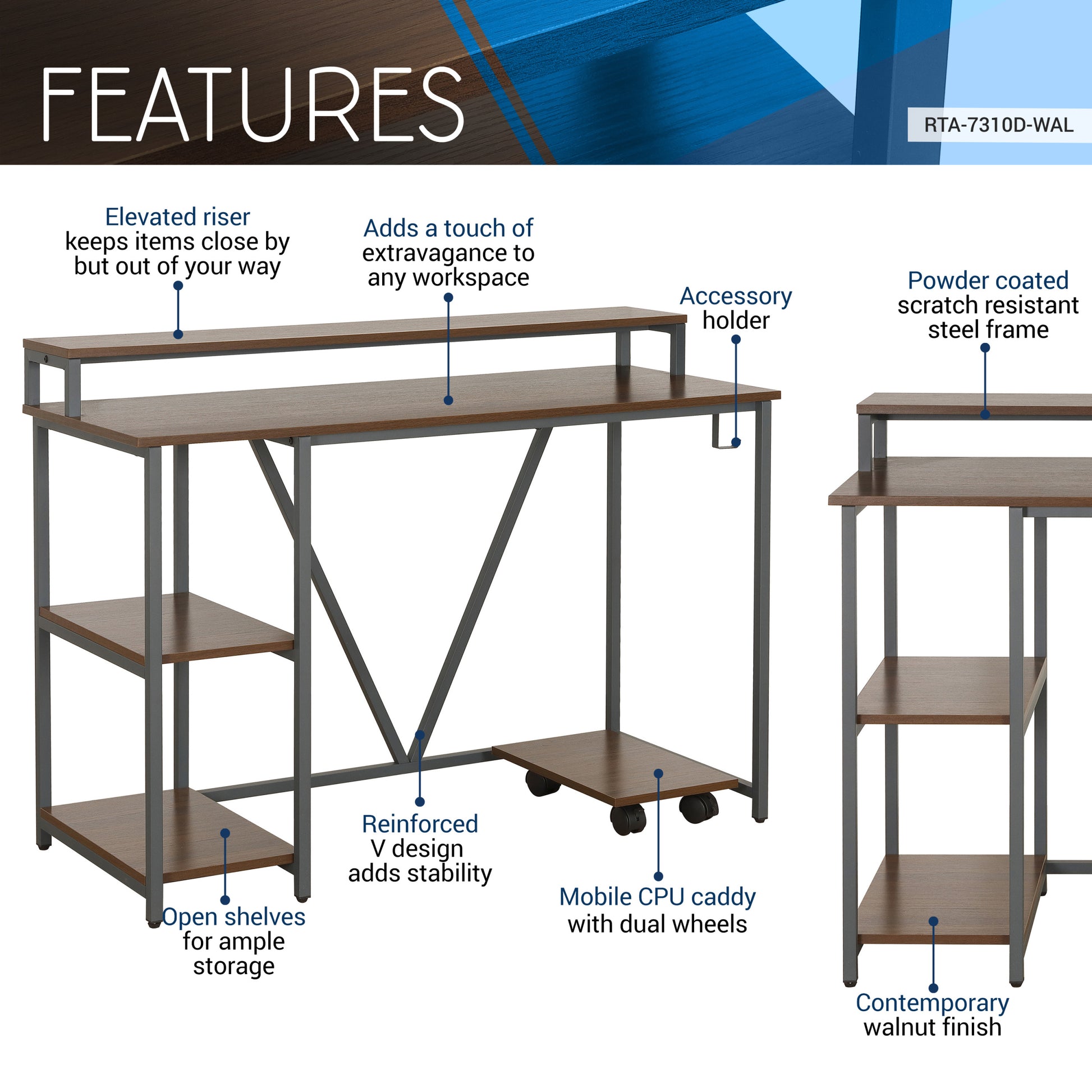 Techni Mobili Industrial Writing Desk, Walnut Walnut Computer Desk Office Modern Rectangular Rectangular Engineered Wood