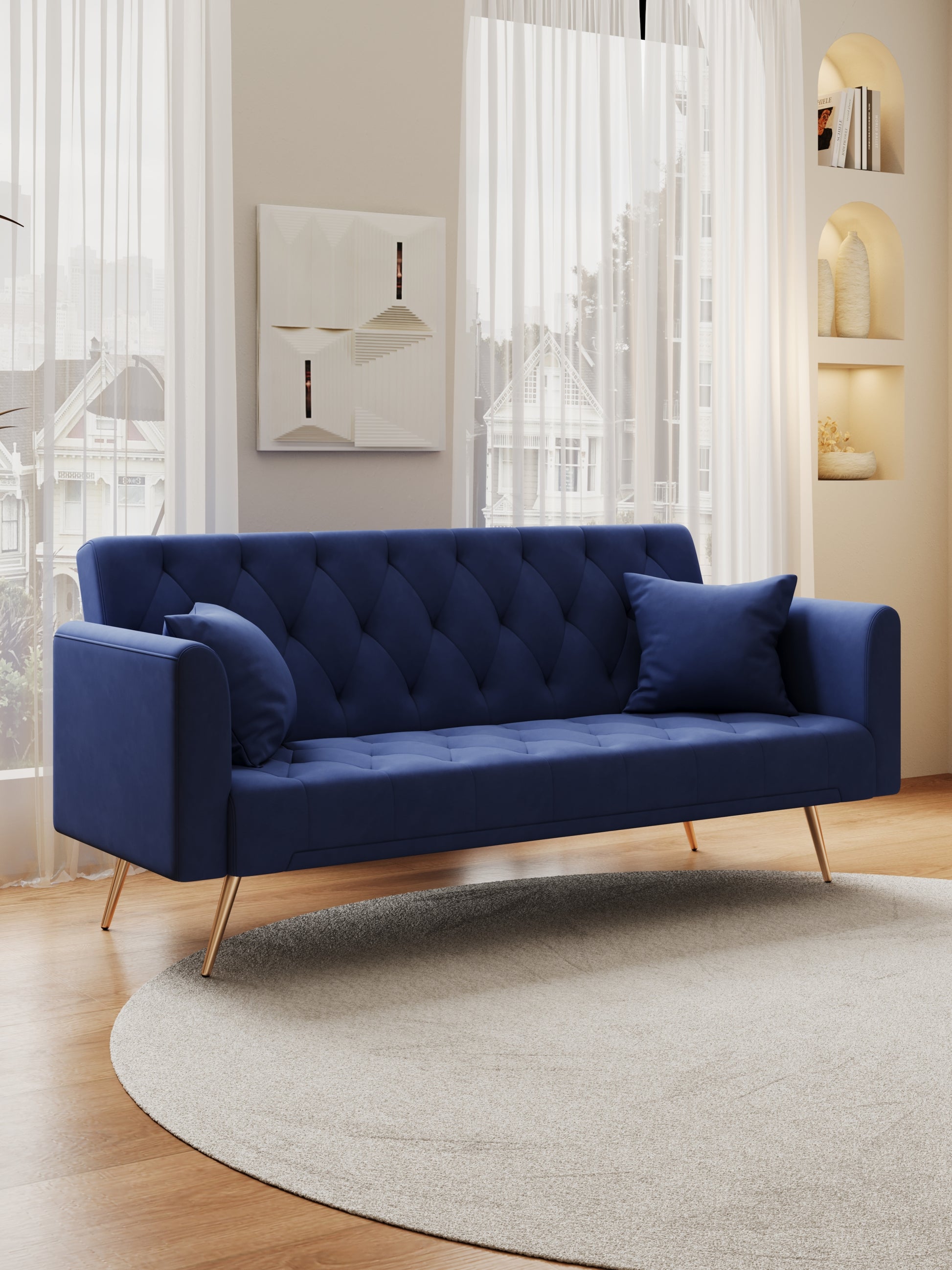 71 Inch Convertibleseat Sofa, American Retro Blue Velvet Material, Suitable For Small Living Room, Bedroom, Office Blue Velvet 2 Seat