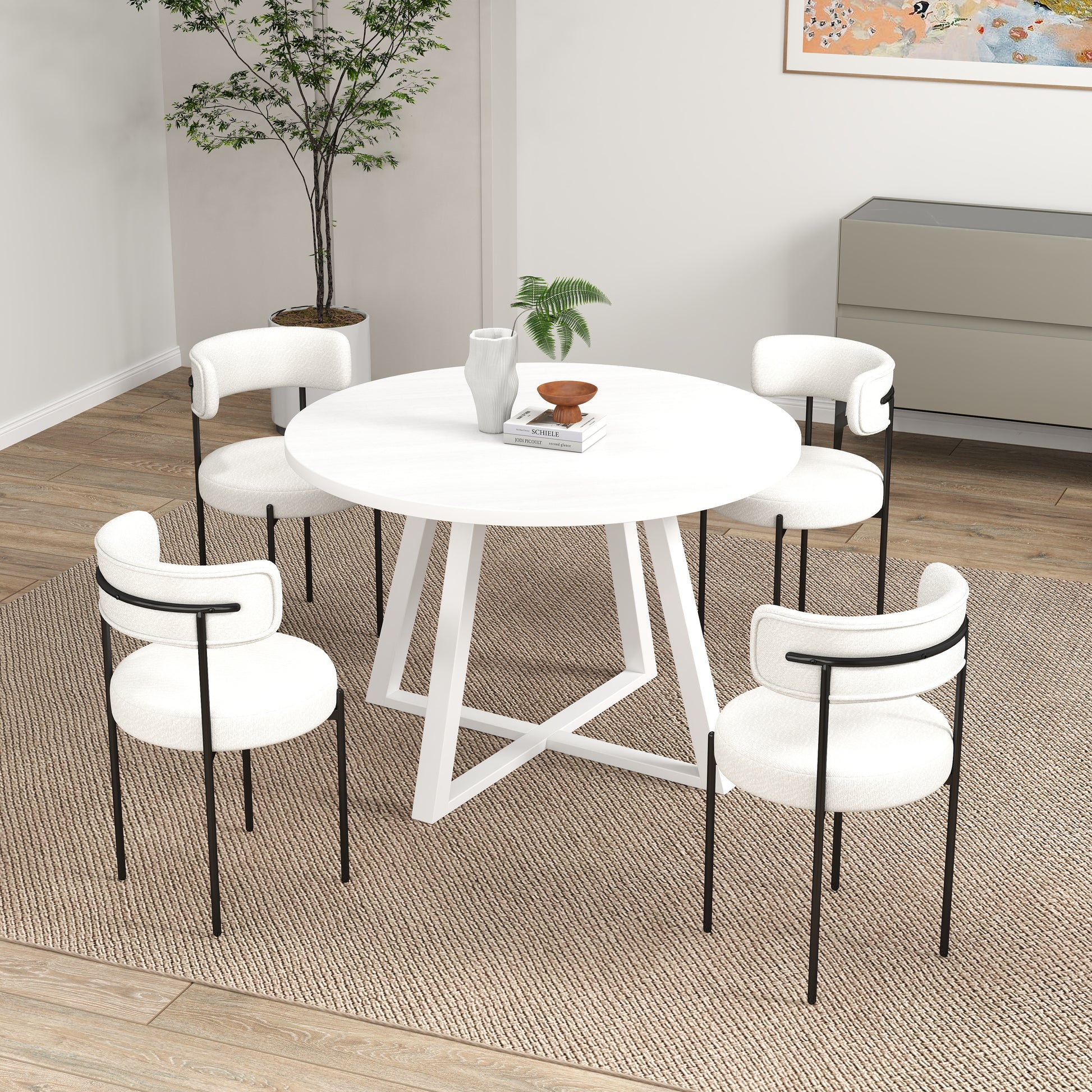 Durban 5 Piece Round Dining Set, Trestle Dining Table With 4 Boucle Chairs White Wood Dining Room Solid Wood Rubberwood Round Dining Table With Chair Wood Wood White Slat Back Seats 4 Contemporary,Modern Round Trestle Solid Wood Mdf Solid Wood Mdf