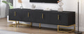 Modern Tv Stand With Metal Legs And Gold Handles For Tvs Up To 80'', Media Console Table With Cabinets And Adjustable Shelves, Luxury Tv Cabinet With Geometric Lines For Living Room, Black Black Gold Primary Living Space 80 89 Inches 80 89 Inches 80