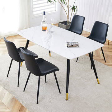 Table And Chair Set, White Imitation Marble Texture Rock Board Table Top, Black Metal Table Legs, Stable And Beautiful. Modern Simple Dining Table, Comfortable Seating. White Black Seats 4 Metal