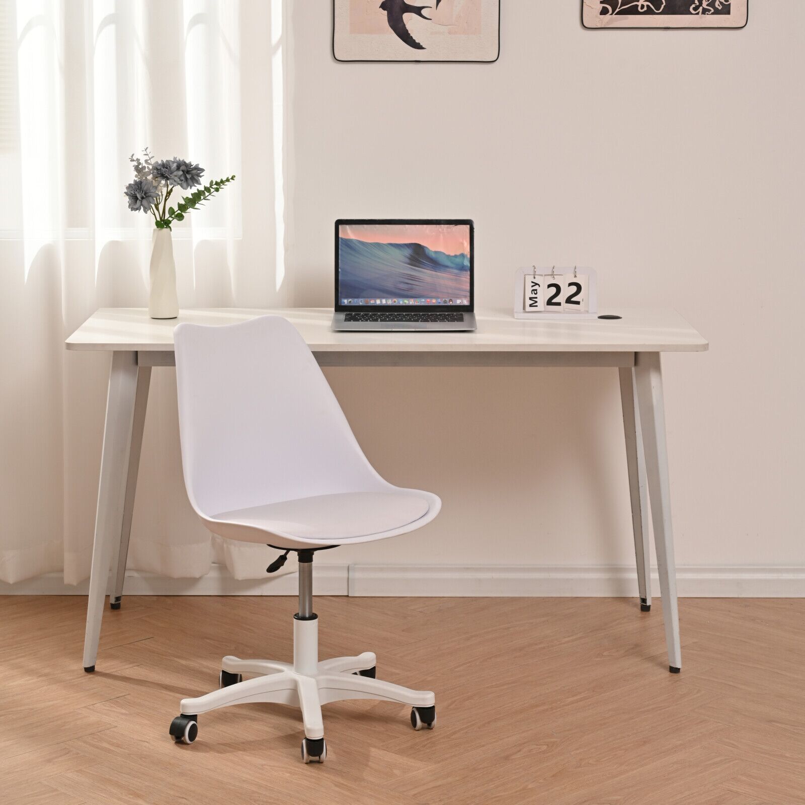Armless Office Chair,Ergonomic Small Computer Desk Chair With Wheels,Adjustable Rolling Chair, Support Swivel Task Chair For Small Spaces Living Room,Bedroom White White Pu Office Rectangular Modern Handle Solid Back Polypropylene