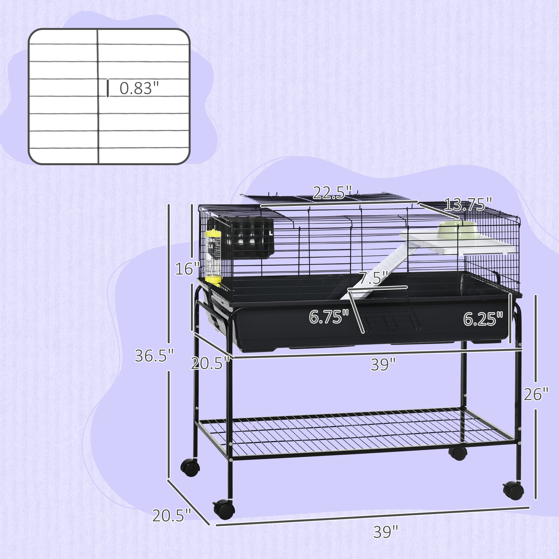 Pawhut Two Story Small Animal Cage Removable From Stand, Guinea Pig Cage, Hedgehog Cage, Chinchilla Cage, Ferret, With Shelf & Wheels, Pet Habitat, 39" X 20.5" X 36.5" Black Grey Plastic