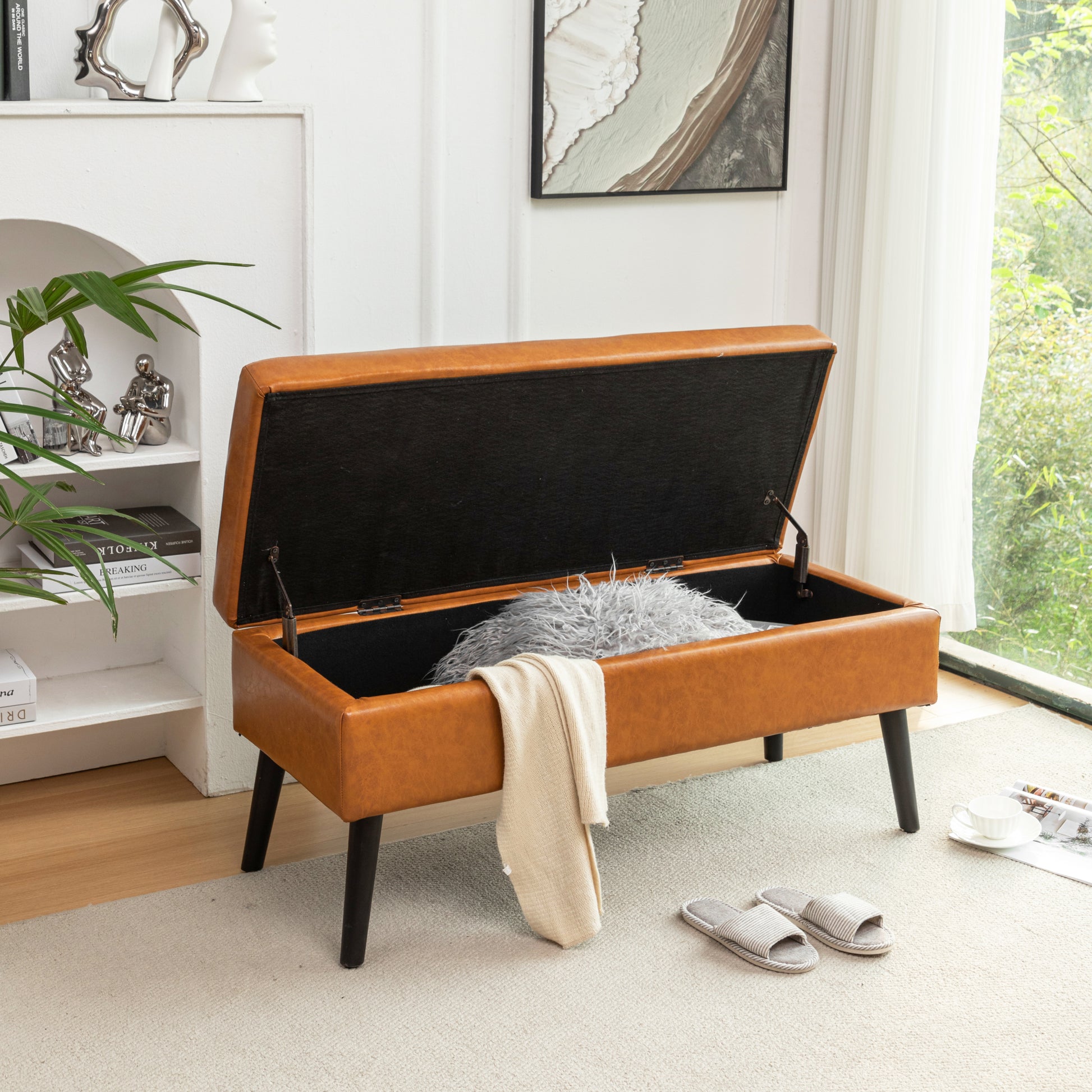 Storage Bench With Storage Bench For Bedroom End Of Bed Bench Foot Of Bed Bench Entryway Bench Storage Ottoman Bench 43.3" W X 17.7" Brown Leather Bench Brown Pu Leather