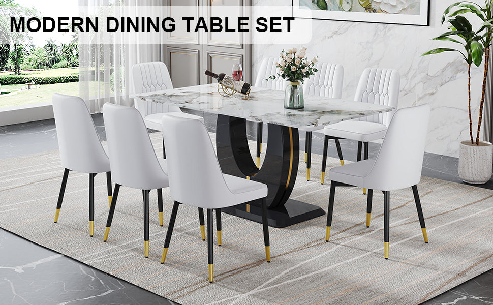 Table And Chair Set, Modern Dining Table, Patterned Table Top And Black Mdf Leg Table, Soft And Comfortable Dining Chair, Perfect For Dinner, Meetings, Home And Office Decor White Black Mdf Glass