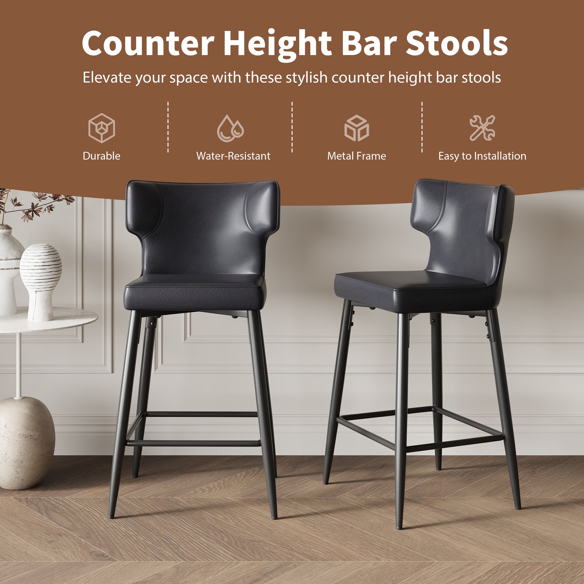 28Inch Counter Height Bar Stools Set Of 2, Modern Bar Upholstered Chairs With Pu Leather, Metal Footrest And Frame For Kitchen Island, Bar Table, Dining Room, Black Solid Kitchen Solid Back Set Of 2