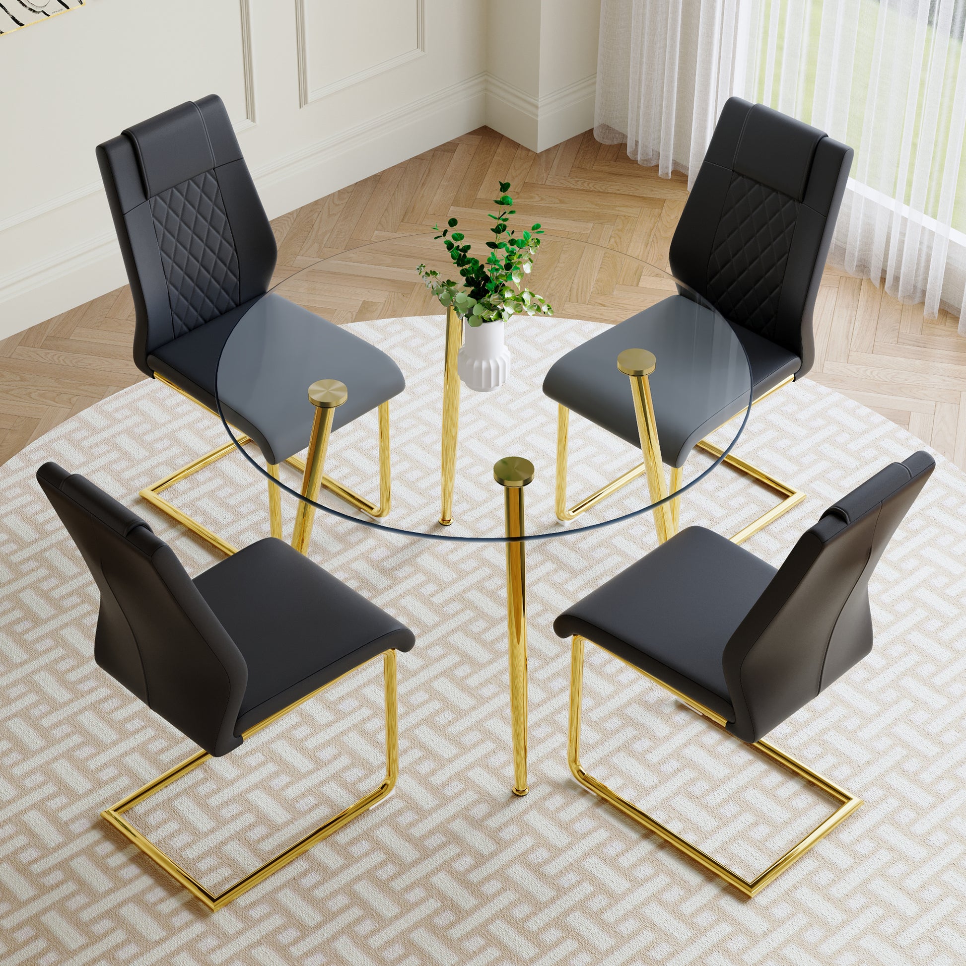 A Modern Minimalist Style Round Transparent Tempered Glass Table With Gold Metal Legs, Paired With 4 Modern Pu Leather High Back Dining Chairs, Bring A Luxurious Experience. Black Seats 4 Glass Metal