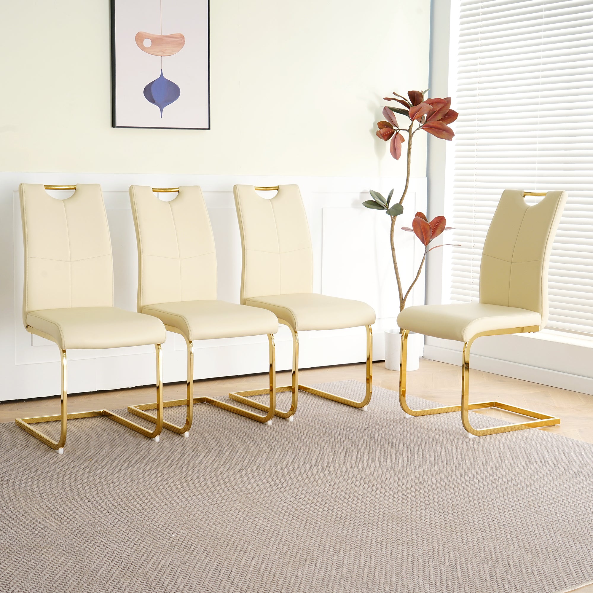 Modern Light Yellow Pu Dining Chair Living Room Chair Upholstered Chair, Gold Metal Chair Leg Design, Kitchen, Living Room, Bedroom, Dining Room Side Chair Set Of 4 Light Yellow Metal