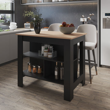 Brooklyn Kitchen Island In Melamine With Open Storage,Light Pine Black Multicolor Particle Board Melamine