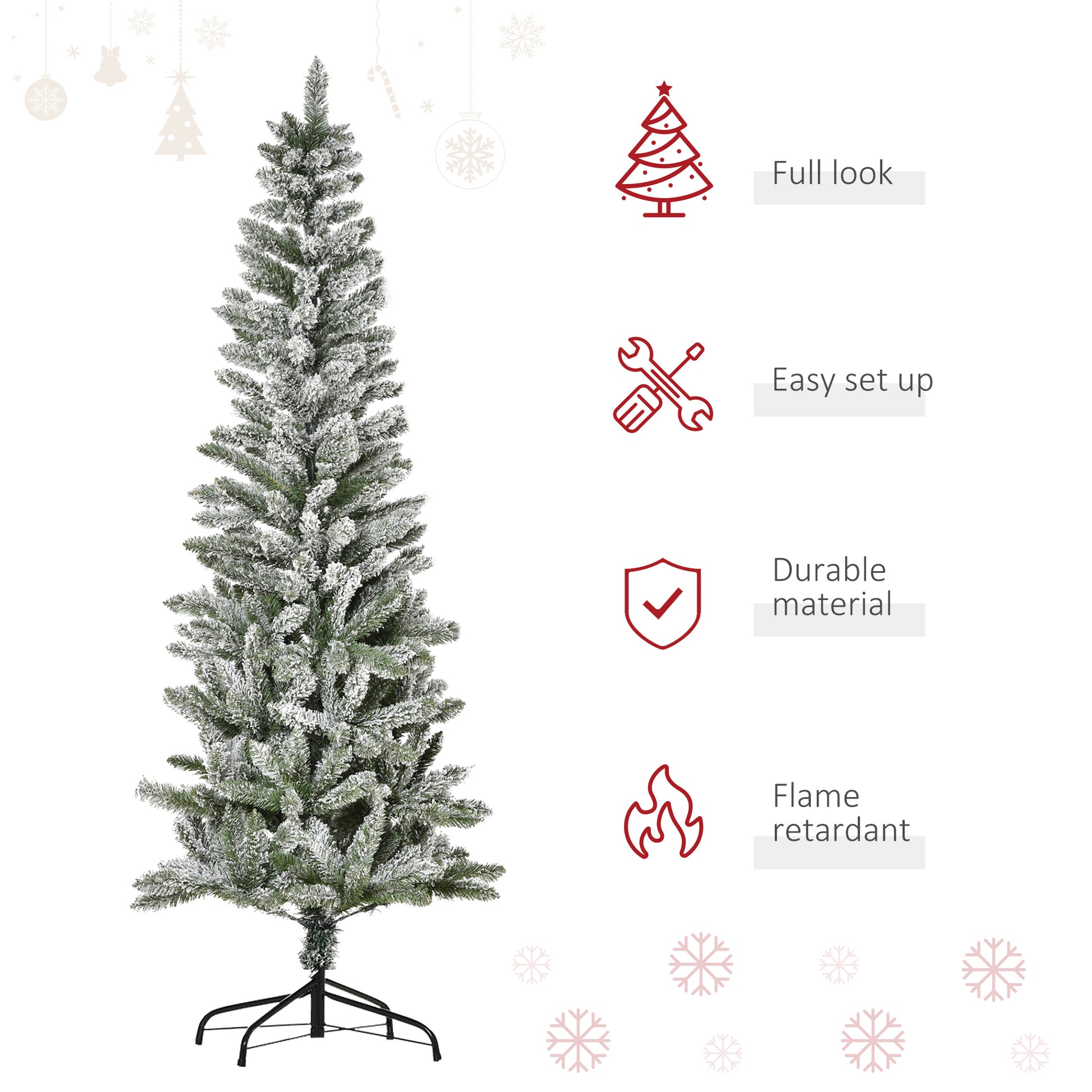 Homcom 6Ft Unlit Snow Flocked Slim Pine Artificial Christmas Tree With Realistic Branches And 394 Tips Green Plastic