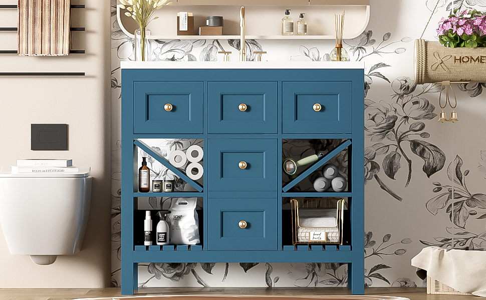 36'' Bathroom Vanity With Resin Sink Combo, Solid Wood Frame Bathroom Storage Cabinet, Freestanding Vanity Set With 5 Drawers& Soft Closing Doors Same As Sw000141Aam Blue Bathroom Solid Wood Mdf Resin