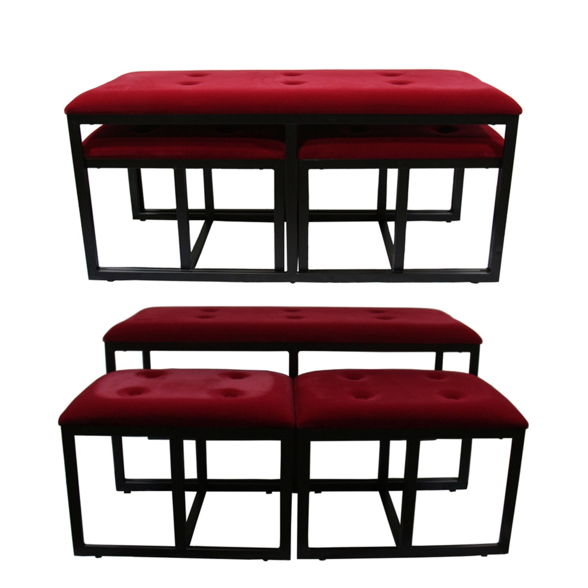 20.5" Tall Metal Bench With 2 Additional Seating, Black And Red Finish Black Metal