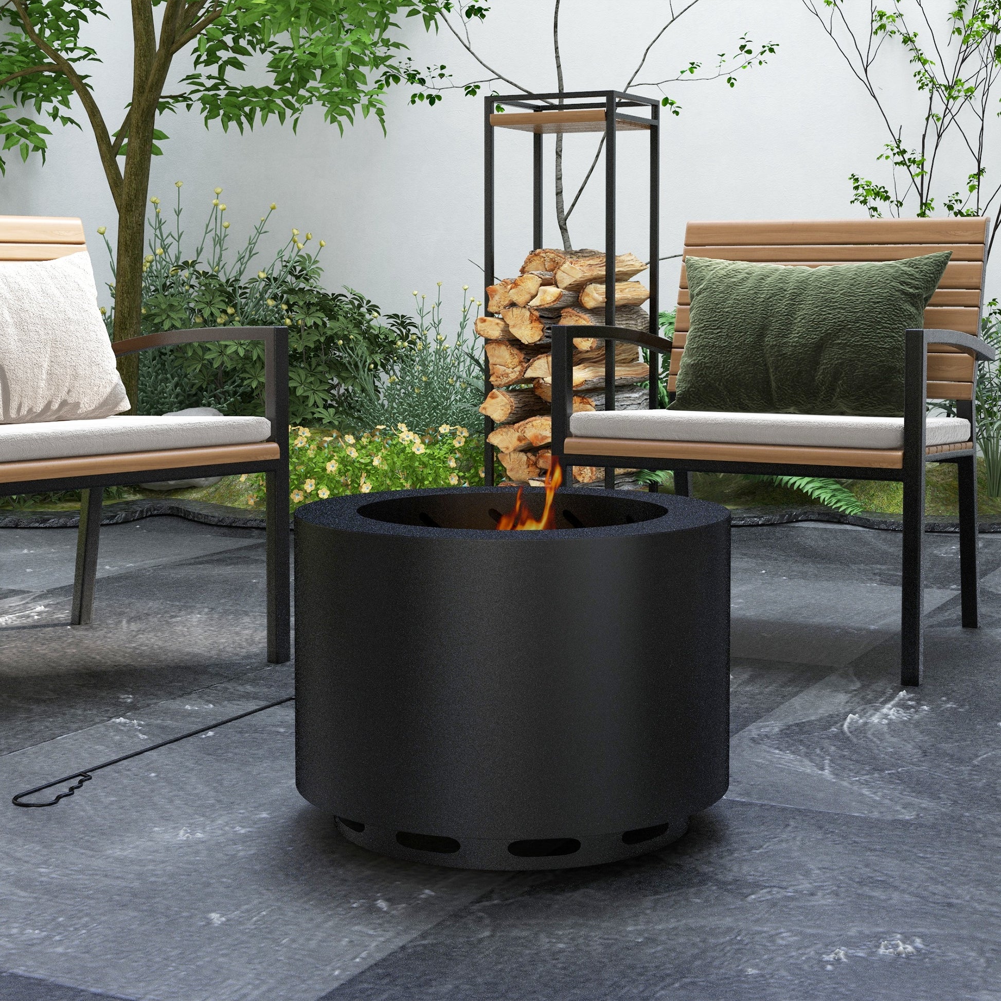 Outsunny Smokeless Fire Pit, 19" Portable Wood Burning Firepit With Poker, Low Smoke Camping Bonfire Stove For Backyard Patio Picnic, Stainless Steel, Black Black Steel