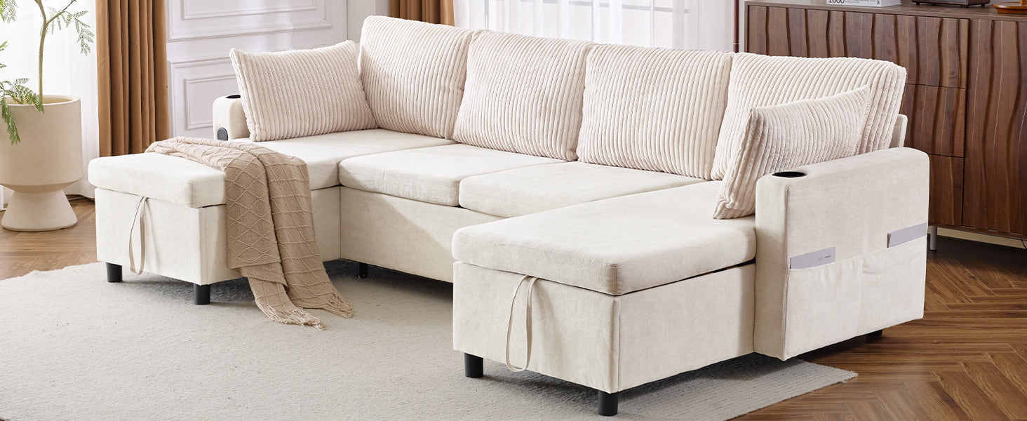 111.8" Sectional Sofa Pull Out Sofa Bed Versatile Sofa Sleeper With Large Storage Space, Two Usb Ports And Two Cup Holders For Living Room, Beige Beige Foam Chenille 4 Seat