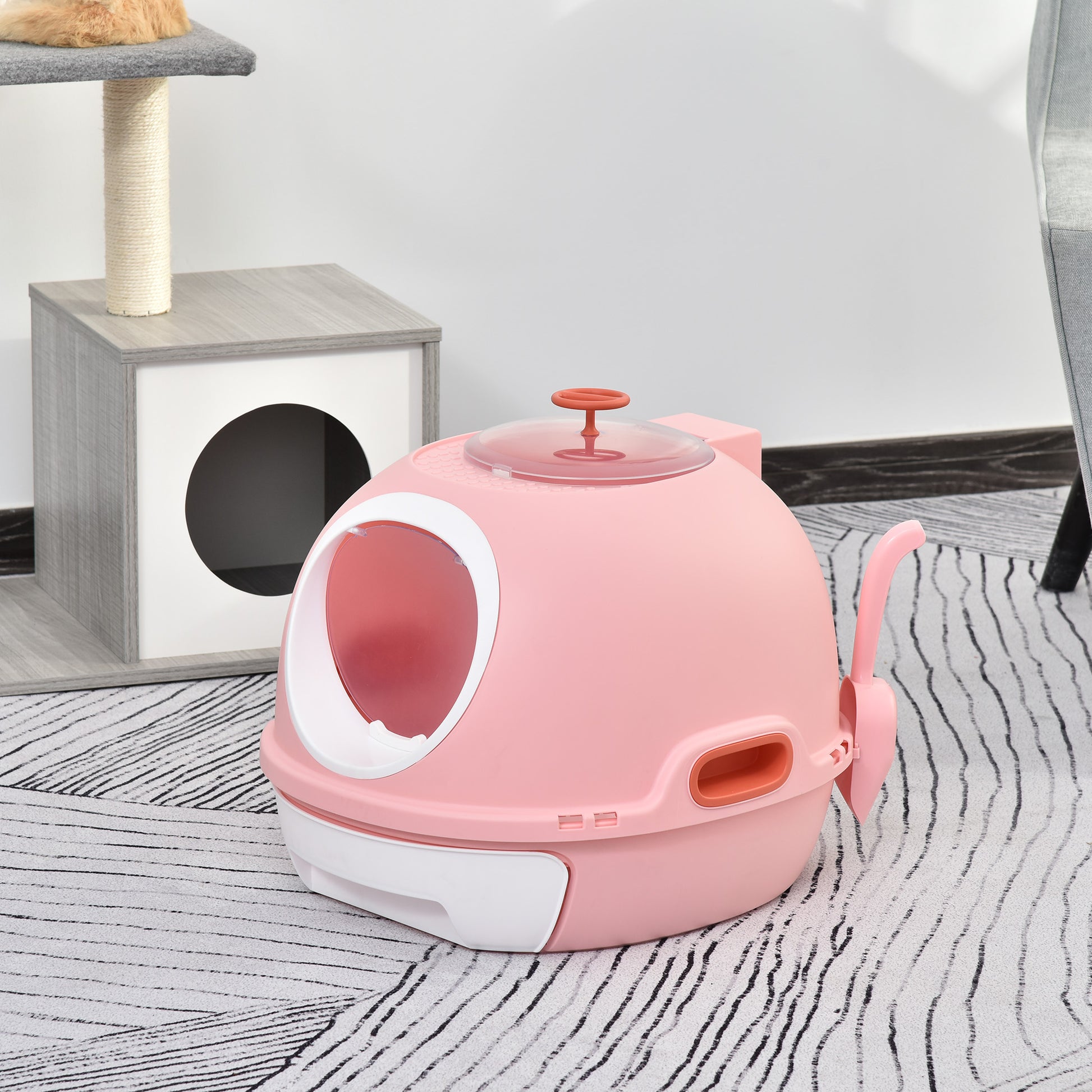 Pawhut Covered Litter Box, Litter Box With A Lid, Scoop Enclosed Drawer & Skylight For Cats That'S Easy To Clean, Pink Pink Plastic