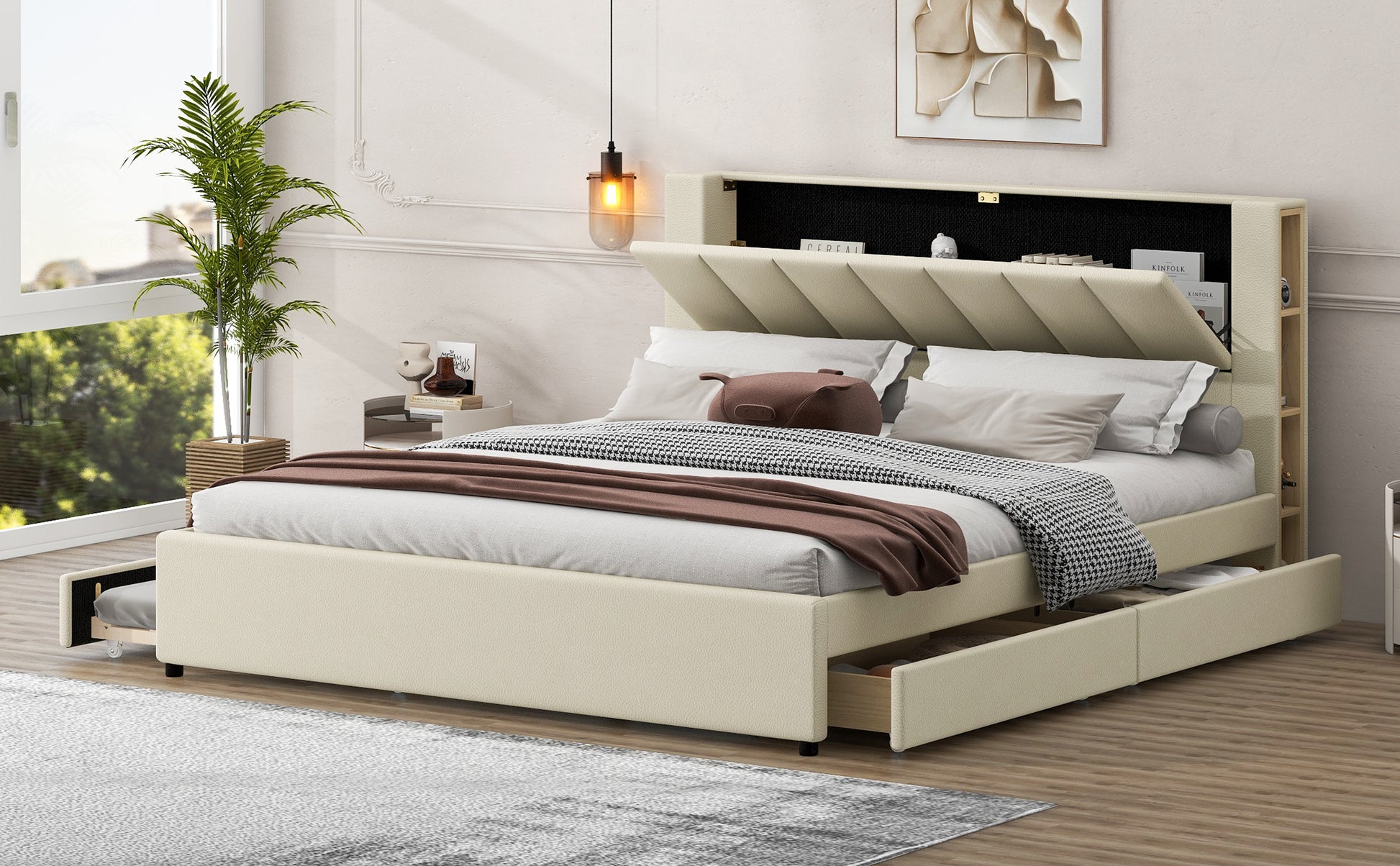 King Size Upholstery Platform Bed With Storage Headboard, 2 Drawers And Trundle,Beige King Beige Upholstered