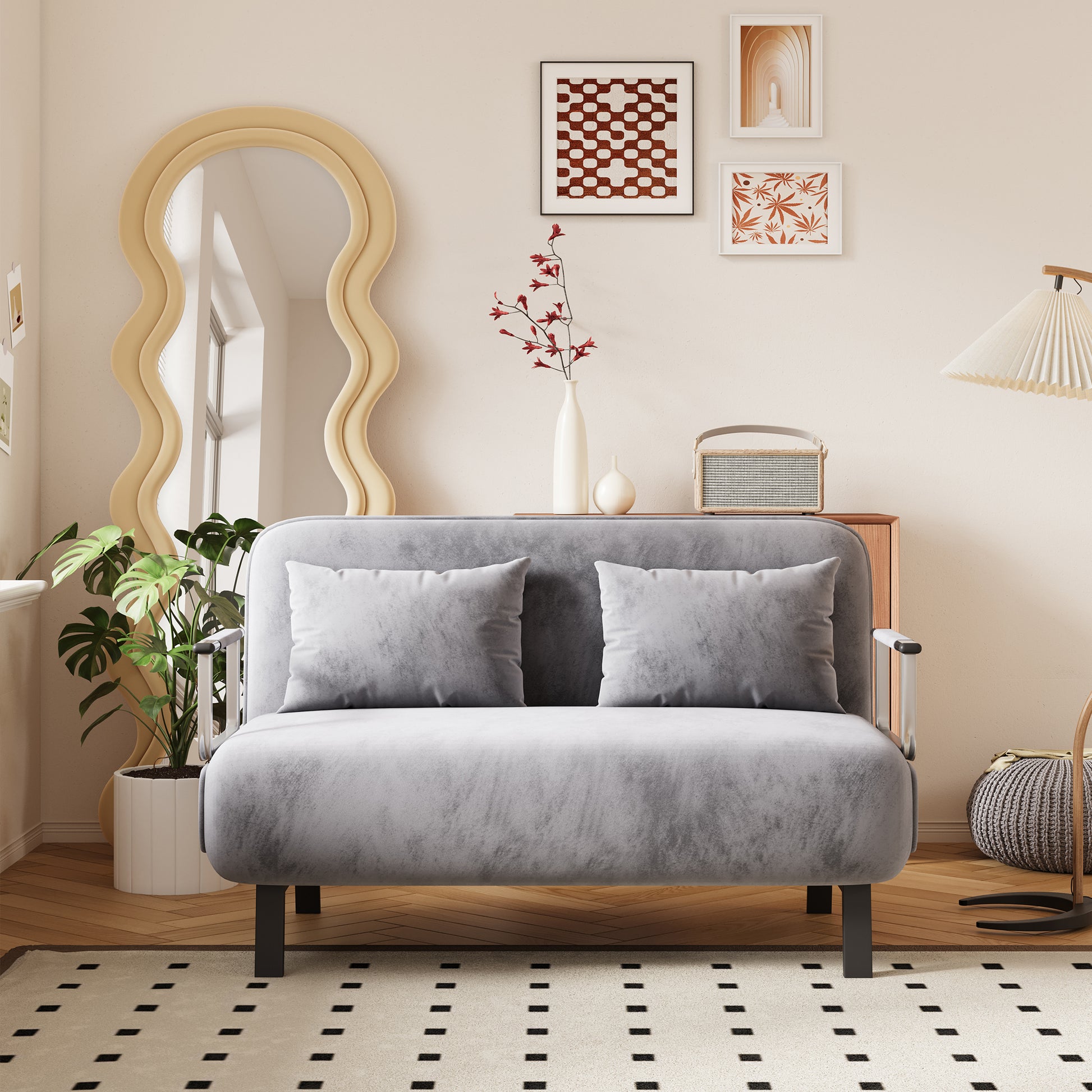 39 Convertible Chair Bed, Tri Fold Sofa Bed With Adjustable Backrest & Pillow, Leisure Chaise Lounge Couch With Sturdy Steel Frame For Home & Office, Comfortable Sleeper Chair Light Grey Dutch Velvet Light Grey Velvet Contemporary Polyurethane Foam Metal