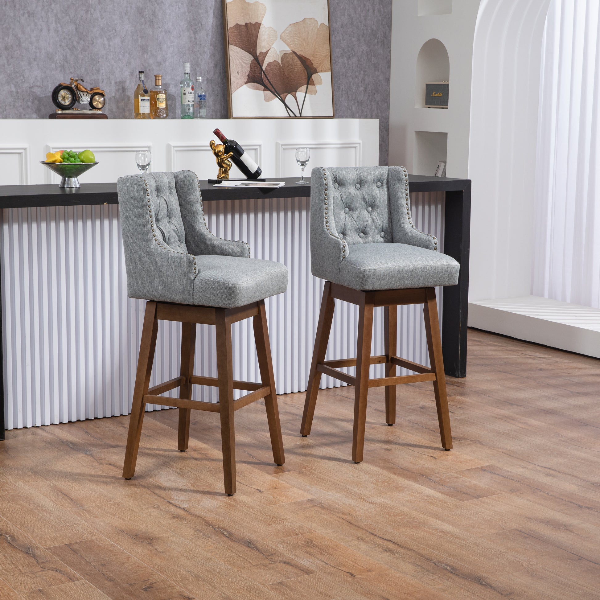 Coolmore Bar Stools Set Of 2 Counter Height Chairs With Footrest For Kitchen, Dining Room And 360 Degree Solid Wood Legs Swivel Bar Stools Set Of 2 Gray Linen Gray Foam Linen