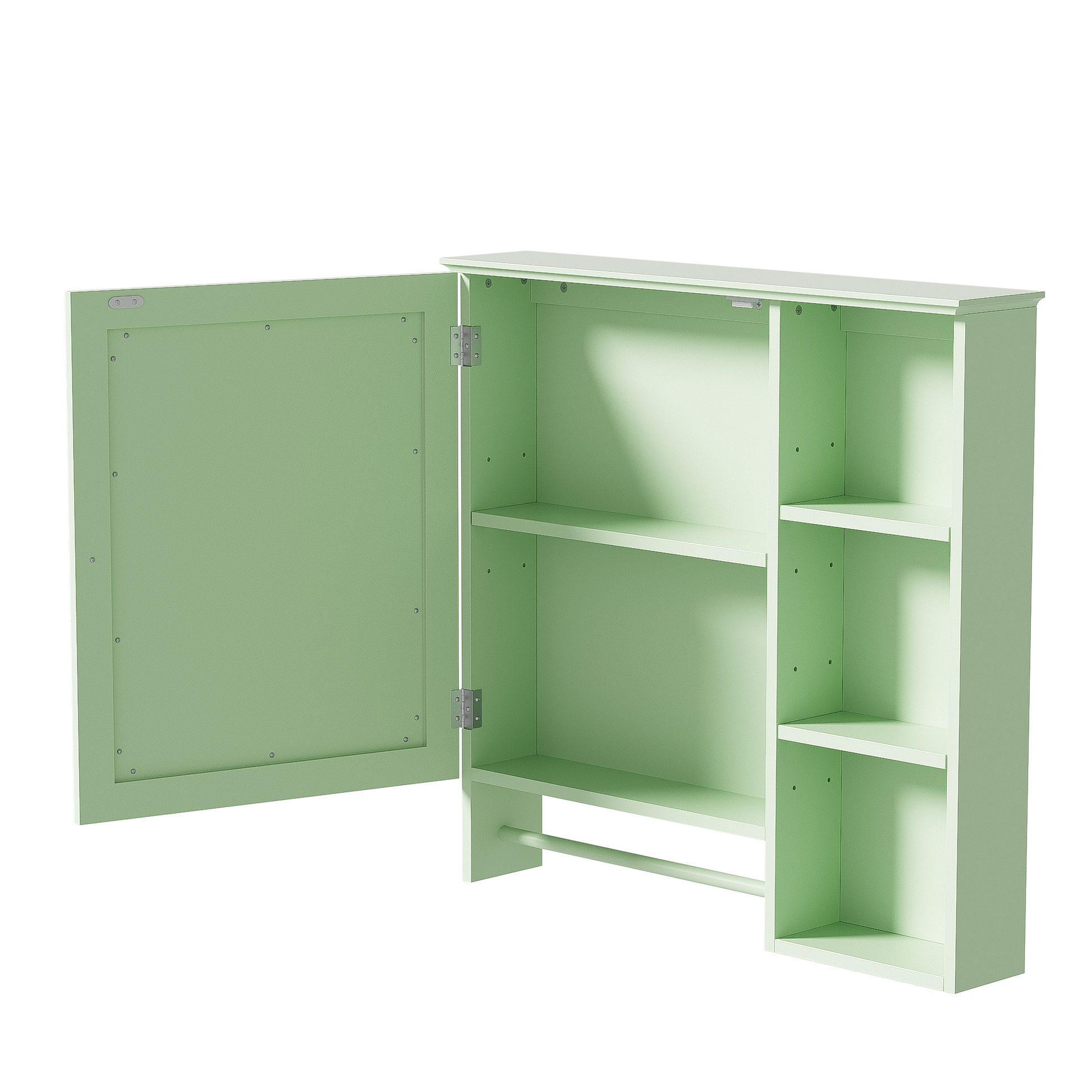 Wall Mounted Bathroom Storage Cabinet, Medicine Cabinets With Large Mirror Door, Adjustable Shelves And Three Open Storage Levels Not Include Bathroom Vanity Green 1 5 Mirror Included Bathroom Wall Mounted Mdf Glass Painted