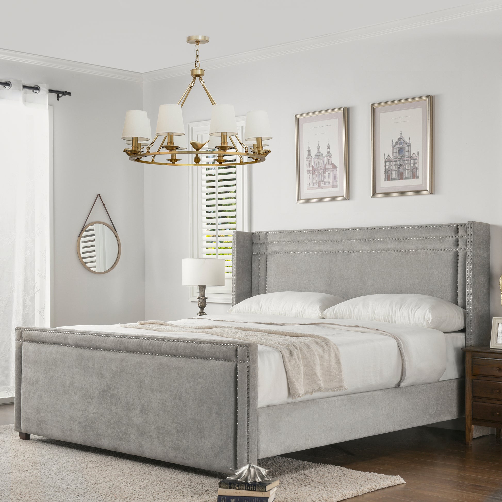 Elle Wingback Upholstered King Bed, Silver Grey Polyester Gray Polyester