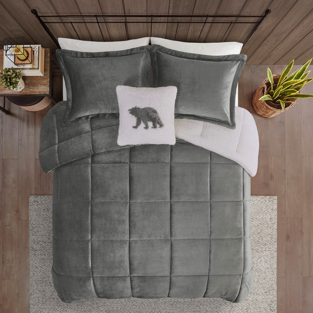 Plush To Sherpa Down Alternative Comforter Set Queen Charcoal Ivory Polyester