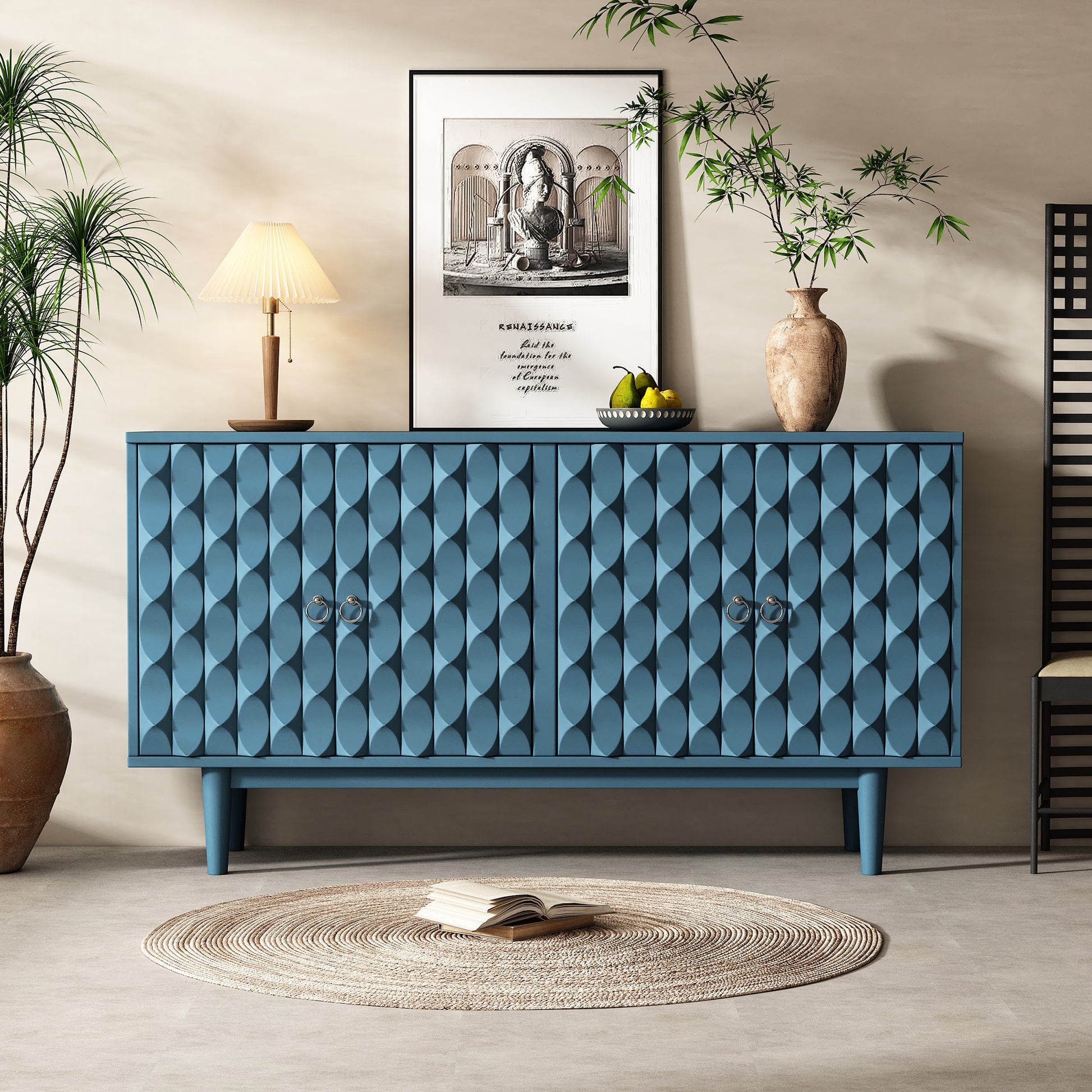 Modern 4 Door Sideboard With Convex Pattern Doors And 2 Silver Handle For Living Room, Dining Room, Kitchen Navy Navy Mdf