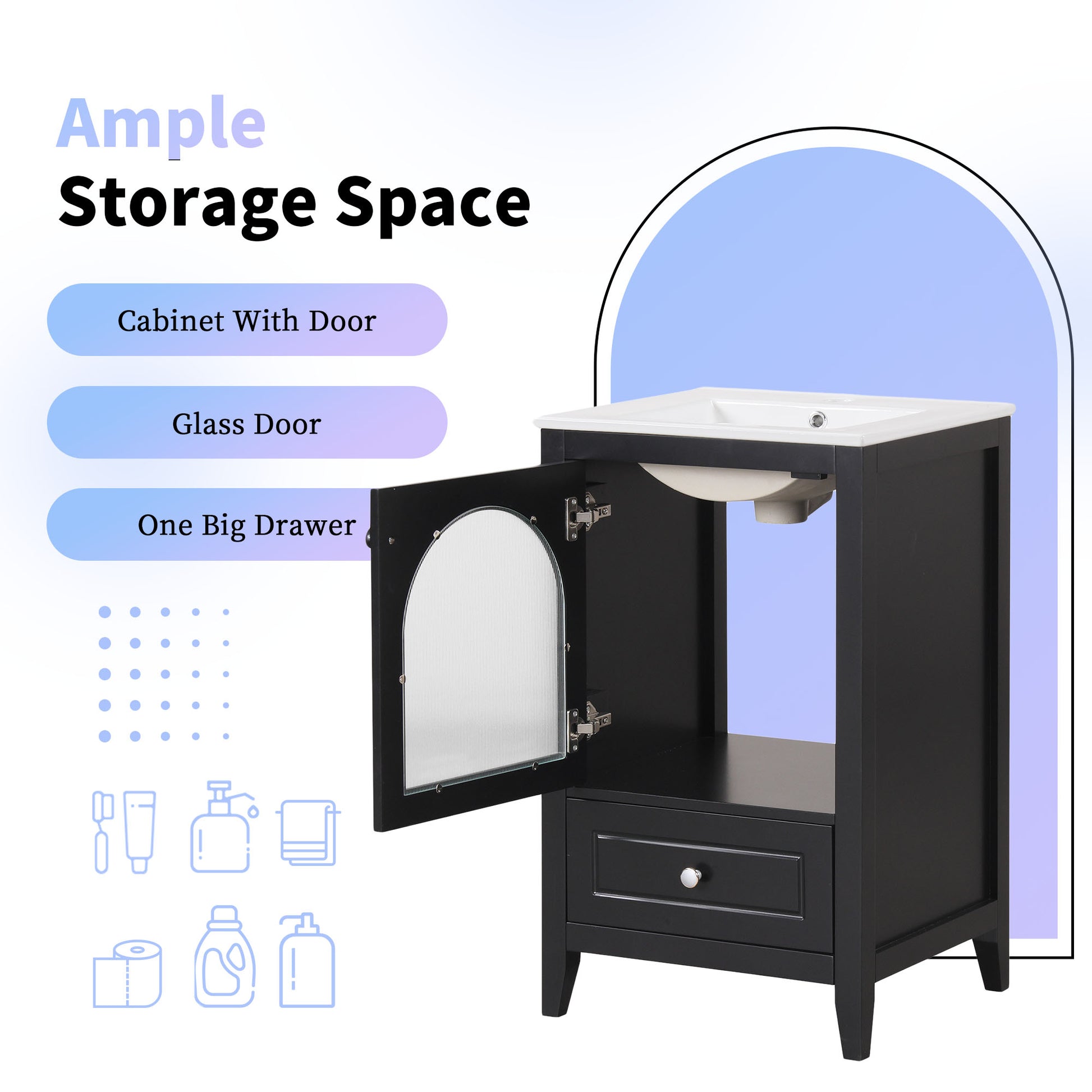 20" Bathroom Vanity With Sink, Bathroom Cabinet With Soft Closing Glass Door, A Drawer, Black Black Mdf