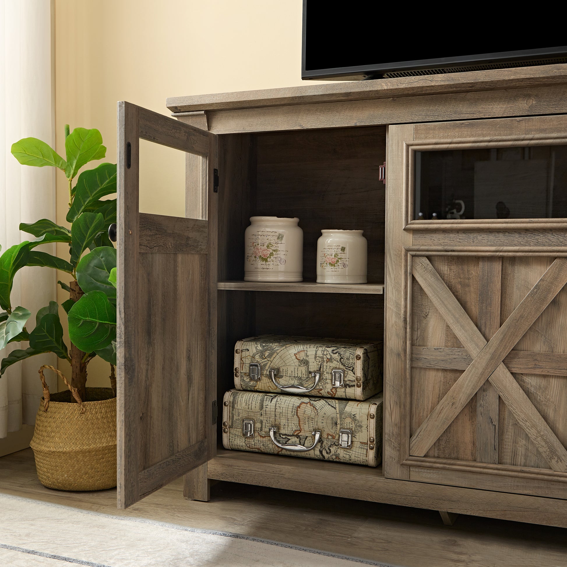 Farmhouse Sideboard Buffet Cabinet With Storage With 4 Doors, Kitchen Storage Cabinet, Coffee Bar Cabinet With Adjustable Shelf For Kitchen, Living Room, L68.35''*W15.35"*H34.65",Gray Wash Gray Wash