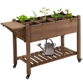 Outsunny Raised Garden Bed With 8 Grow Grids, Wooden Outdoor Plant Box Stand With Folding Side Table And Wheels, 49