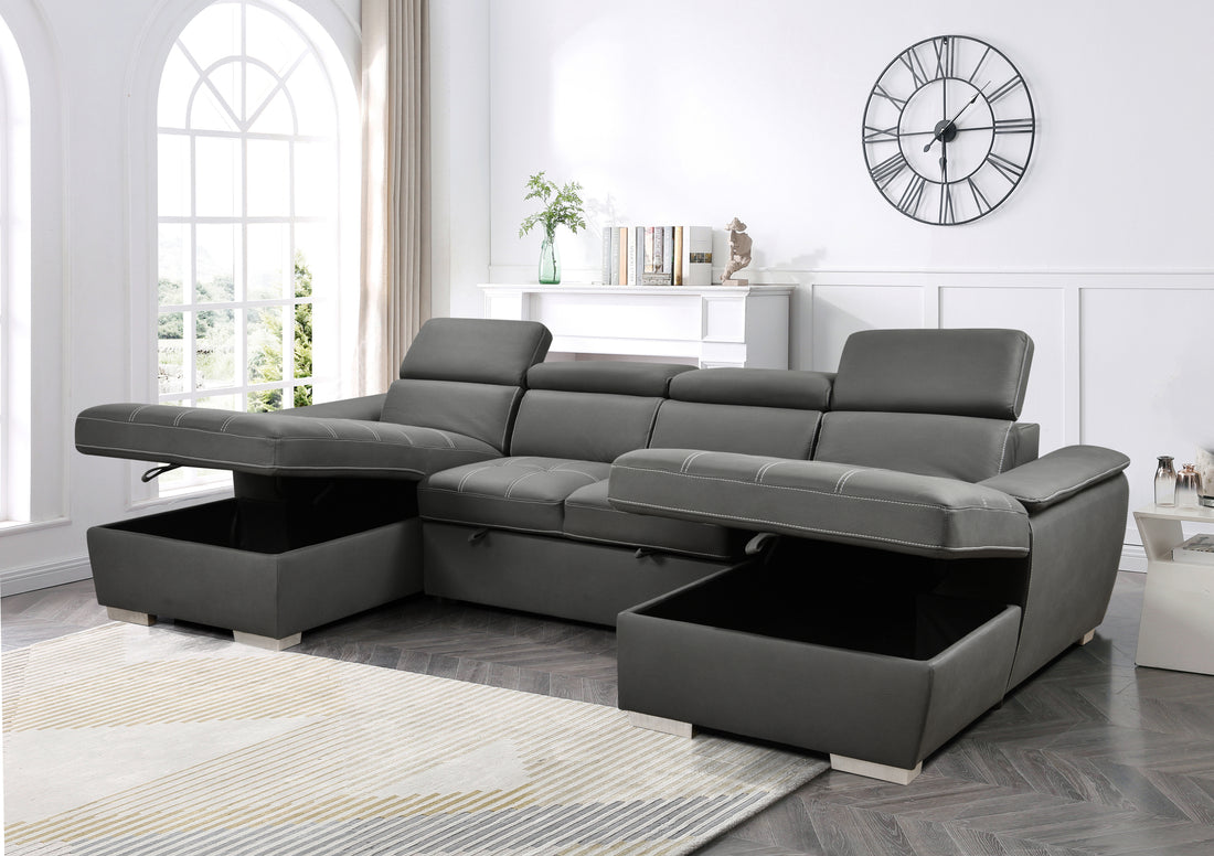 U Shaped Sleeper Sofa, 121 Inch Overisze 2 In 1 Pull Out Bed, Sectional Sleeper Sofa With Double Storage Chaise For Living Room Furniture, Charcoal Grey Light Brown Wood Primary Living Space Medium Duty Eucalyptus 6 Seat Charcoal Grey Polyester Soft