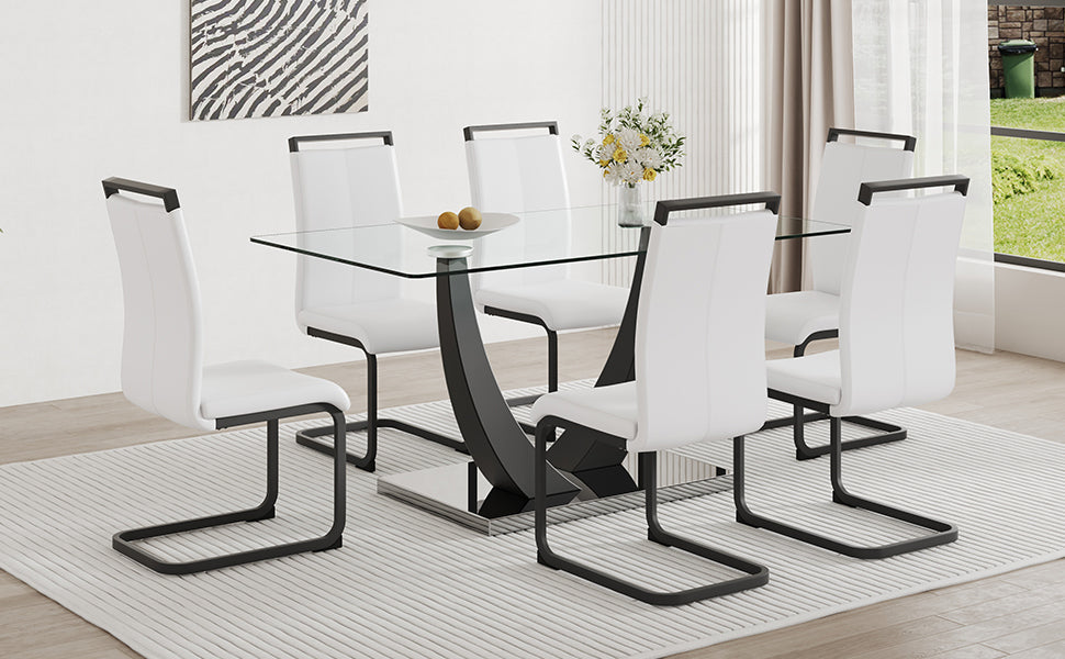 Table And Chair Set.Large Rectangular Glass Dining Table, 0.39 "Tempered Glass Countertop And Black Metal Shaped Bracket.Comes With Chairs With Faux Leather Cushions.Suitable For Kitchen, Dining Room. White Black Seats 6 Glass Metal