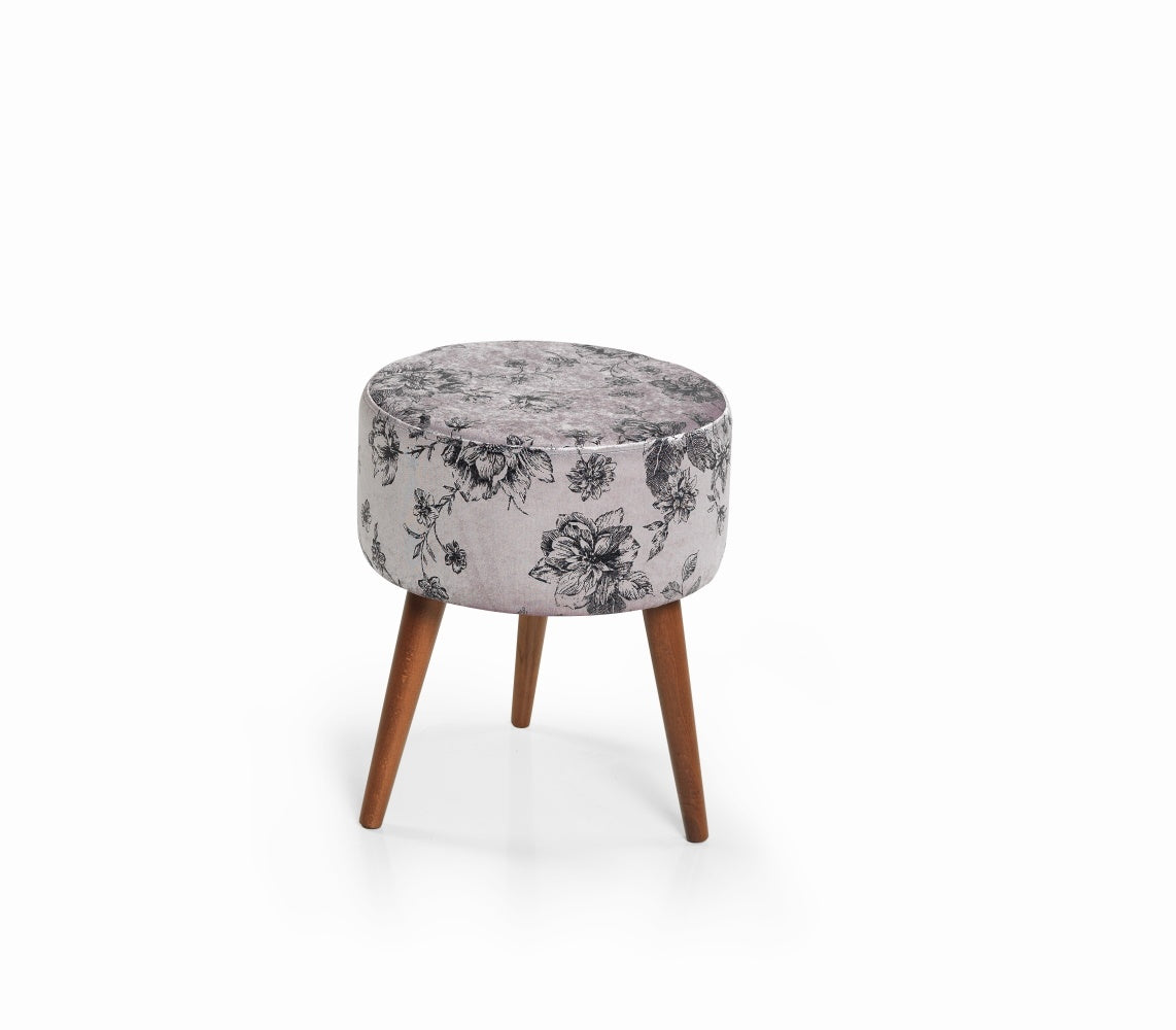 Flora Ottoman 107 Ivory Grey Pattern Ivory Chenille Wood Chenille White Contemporary Oval Foam