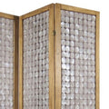 3 Panel Wooden Screen With Pearl Motif Accent, Brown And Silver Oak Silver Solid Wood