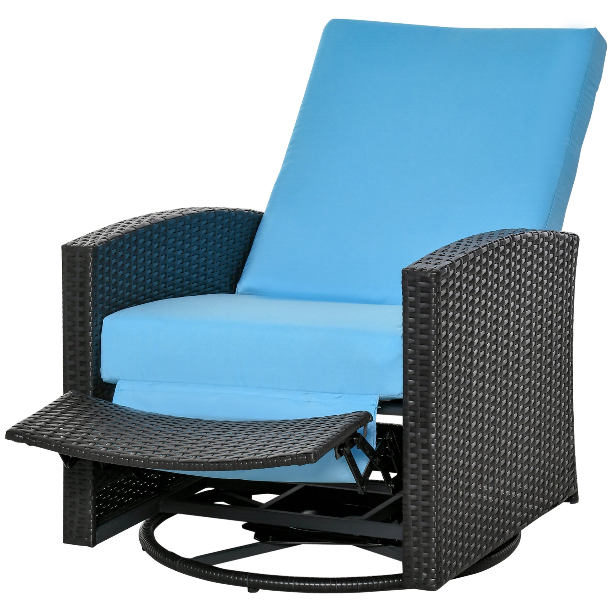 Outsunny Outdoor Wicker Swivel Recliner Chair, Reclining Backrest, Lifting Footrest, 360 Rotating Basic, Water Resistant Cushions For Patio, Light Blue Light Blue Polyethylene