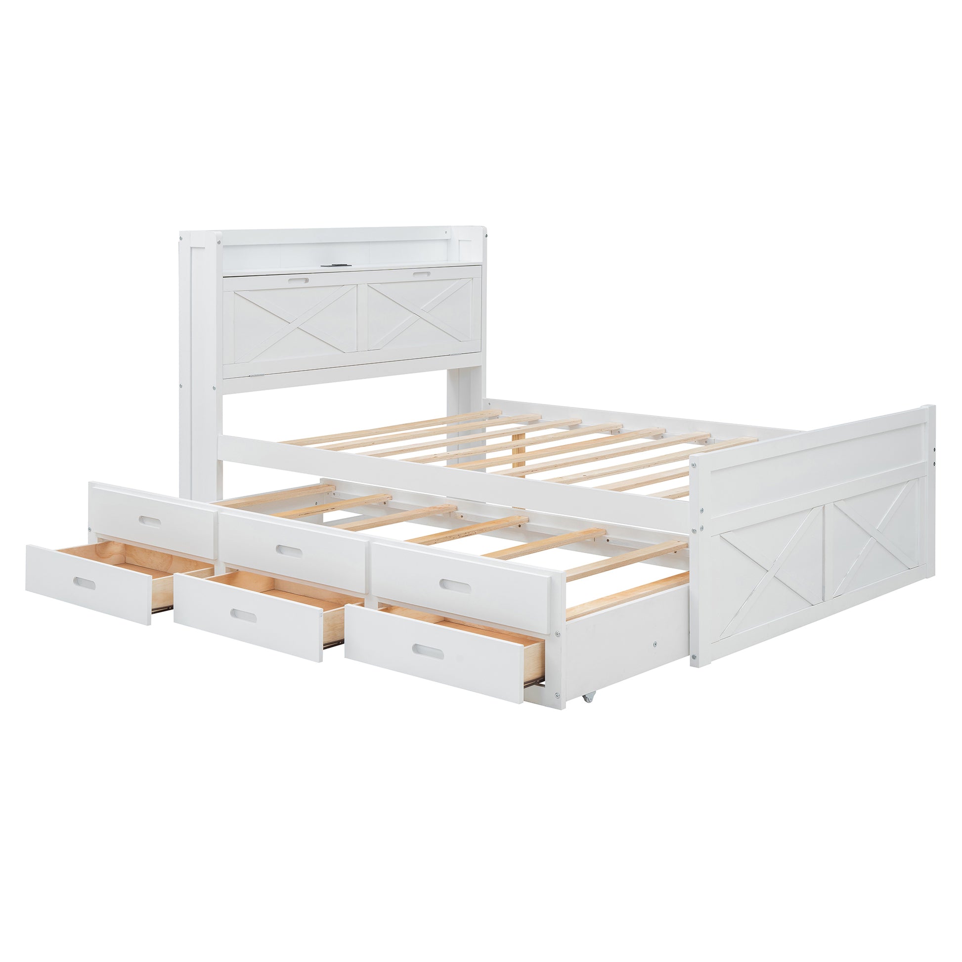 Full Size Wooden Bed With Storage Headboard With Outlets, Extendable Bed With Twin Size Trundle With Three Storage Drawers,White Full White Wood