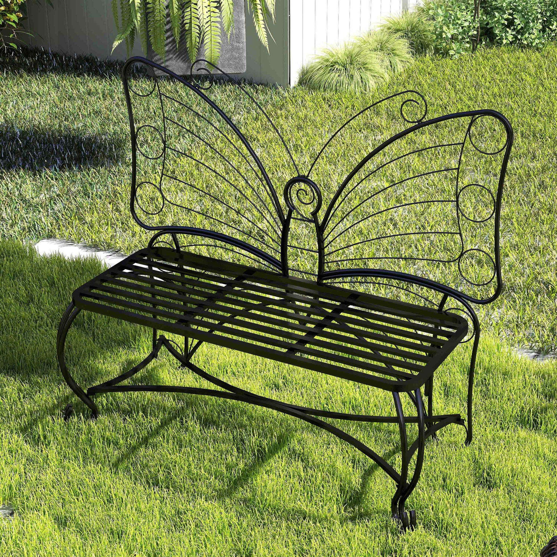Butterfly Cast Metal Garden Bench, Outdoor Bench Patio Seat, Park Bench Outdoor Seating For Garden, Yard, Park, Entryway Black Garden & Outdoor 2 Person Seating Group Metal