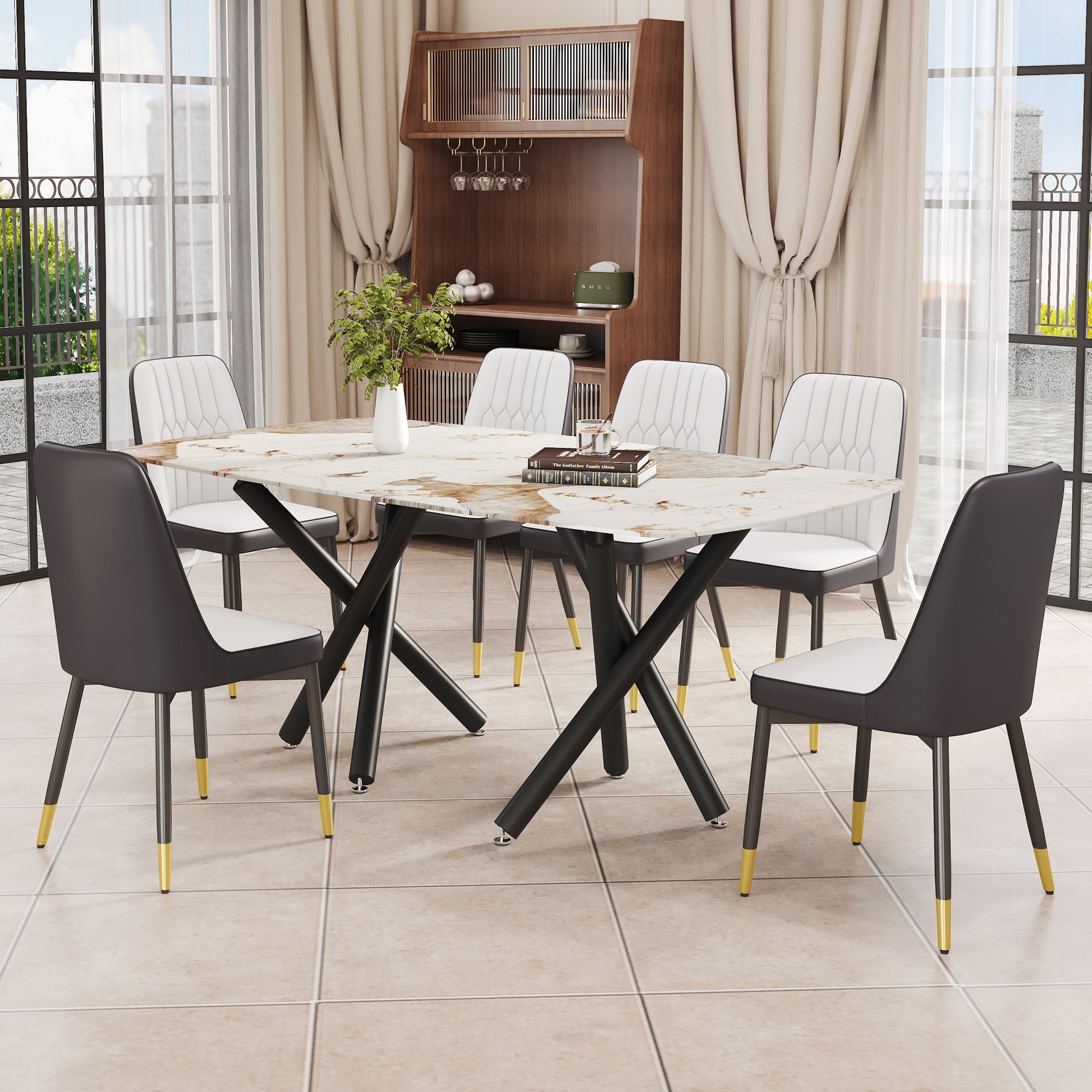 1 Table And 6 Chairs Set.A Rectangular Dining Table With A 0.39 Inch Imitation Marble Tabletop And Black Metal Legs.Paired With 6 Chairs With Pu Leather Seat Cushion And Black Metal Legs.F 1538,C 007 Black Glass Metal