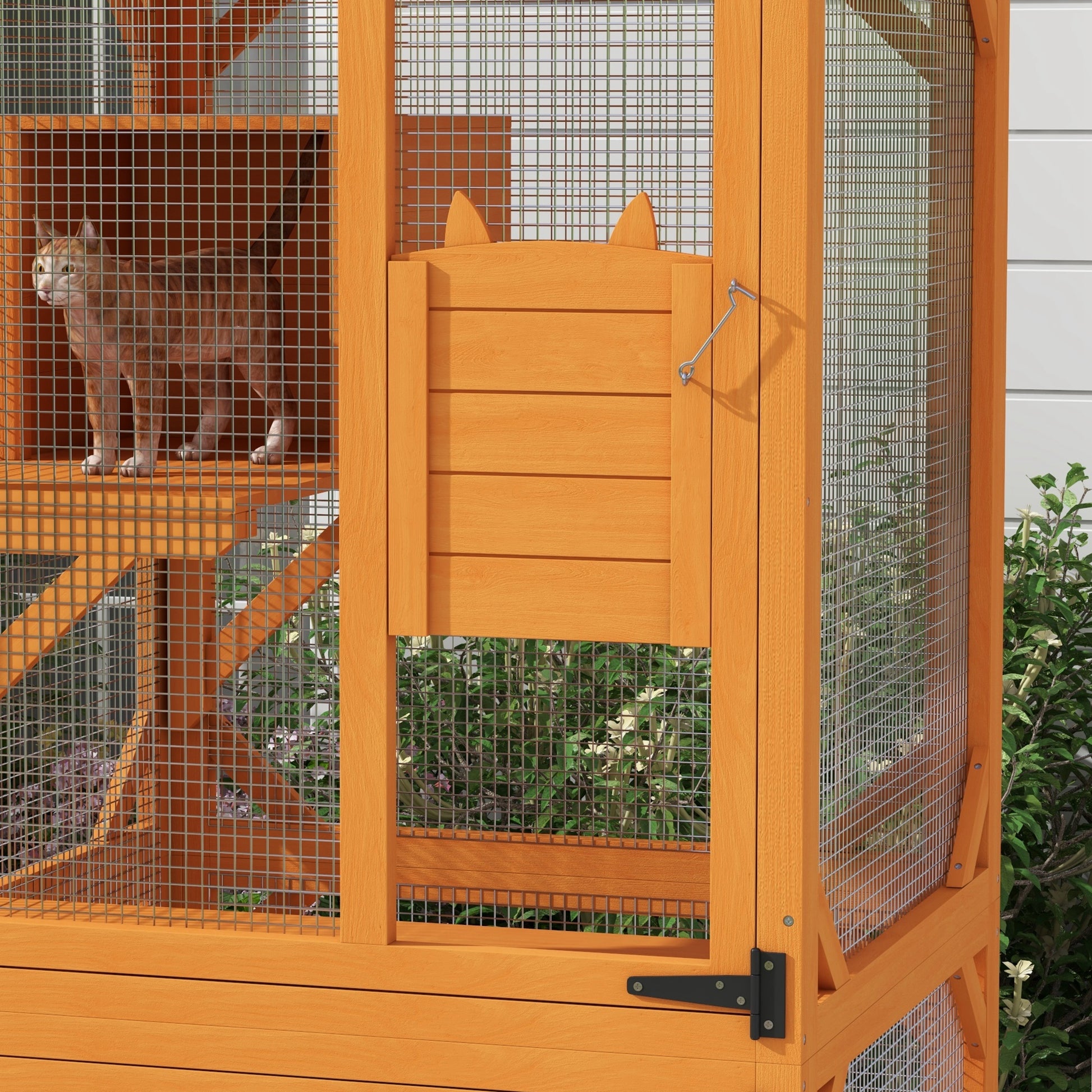 Pawhut Large Cat House With High Up Resting Box, 71" Wooden Catio With Asphalt Roof, Indoor & Outdoor Cat Enclosure On Wheels, For 1 3 Cats, Orange Orange Wood