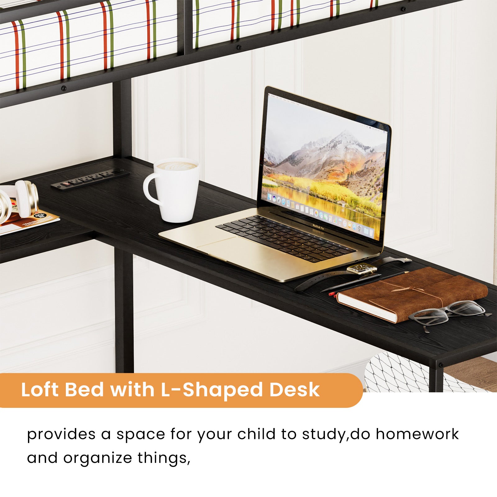 Full Size Metal Loft Bed With L Shaped Desk, Led Lights, Charging Cradle, Led Loft Bed Frame, Full Size Bed With One Cabinet Wardrobe And 2 Fabric Drawers, Safety Rails And Ladder, Black Black