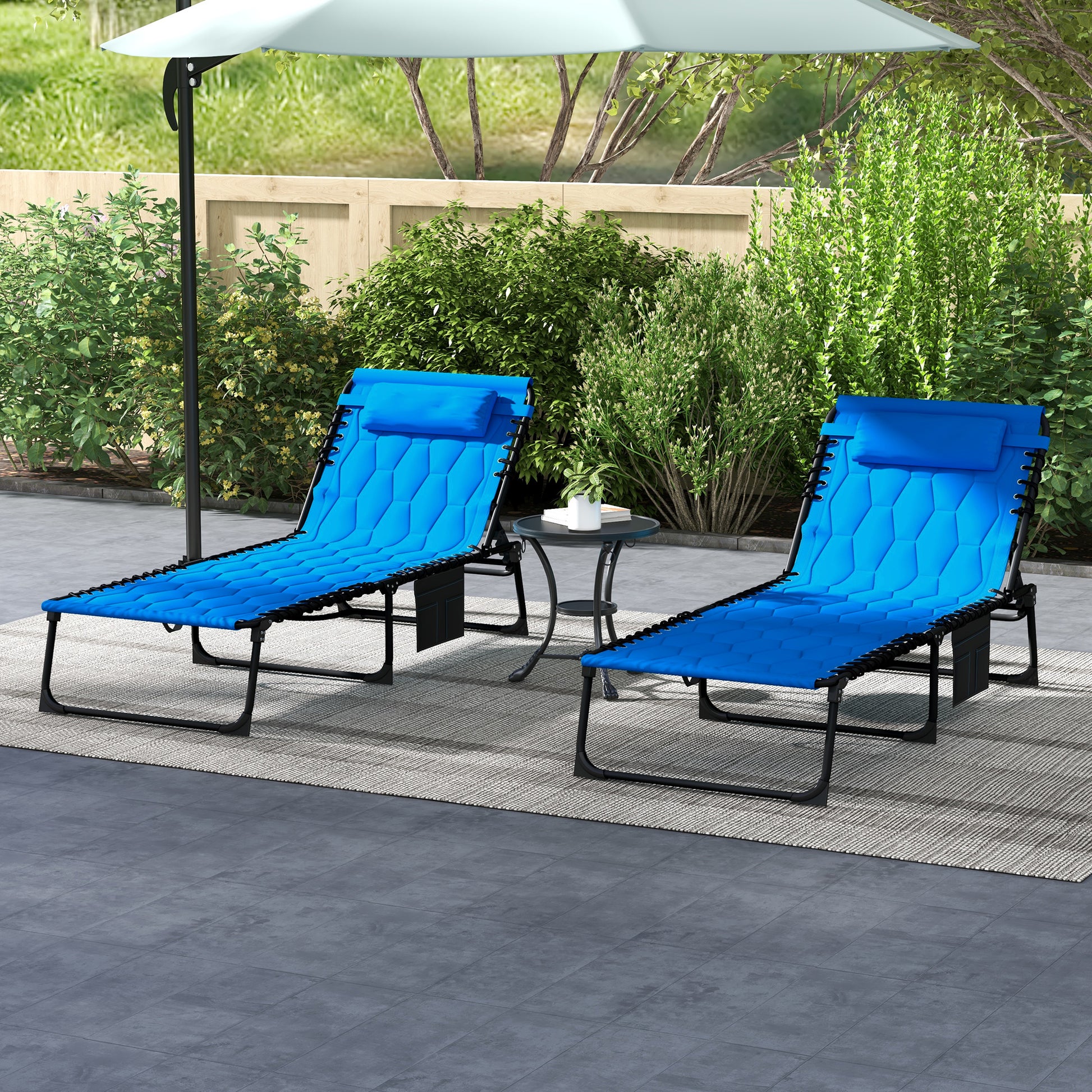 Outsunny Folding Chaise Lounge Set With 5 Level Reclining Back, Outdoor Lounge Tanning Chair With Padded Seat, Side Pocket & Headrest For Beach, Yard, Patio, Blue Blue Steel