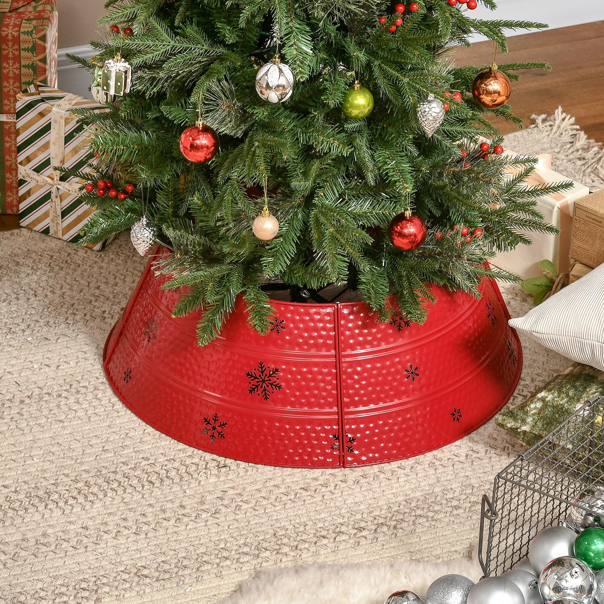 Homcom Christmas Tree Collar, Steel Tree Ring Skirt, Home Xmas Decoration For Christmas Tree, 26" X 26" X 9", Red Red Steel