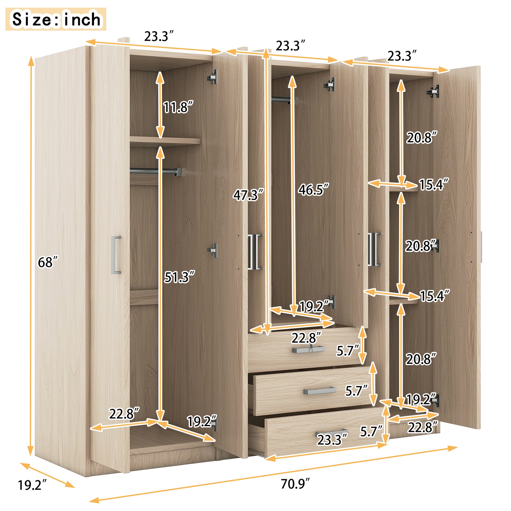 6 Doors Wooden Wardrobe Storage For Bedroom, With Big Drawers, Gray Brown Plywood